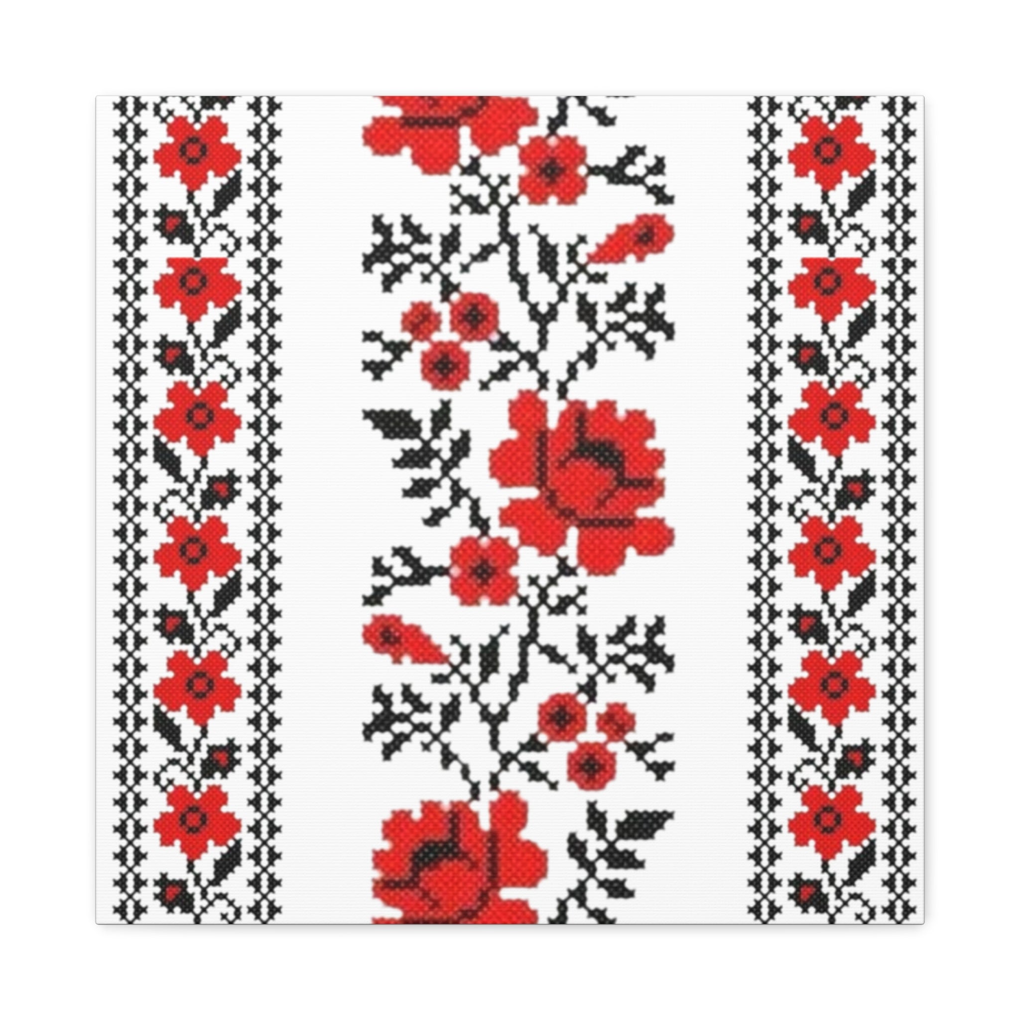 Ukrainian Embroidery Wall Art, Red Black Folk Floral Pattern, Traditional Slavic Home Decor Canvas for Living Room or Entryway, Matte Print, Stretched 1.25" Ready to Hang