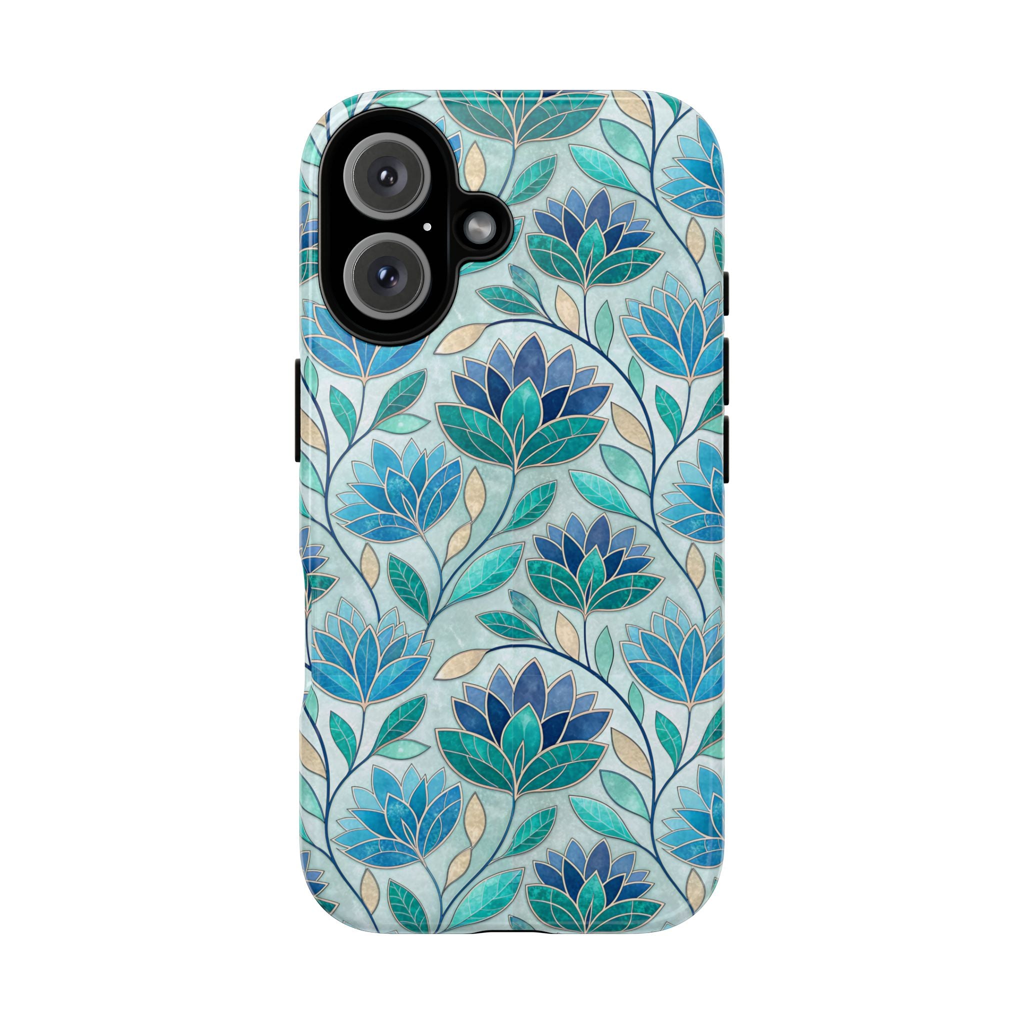 Mosaic iPhone Case, Stained Glass Floral Phone Cover, Teal Blue Protective Case, Matte Glossy Options, Artistic Mosaic Pattern