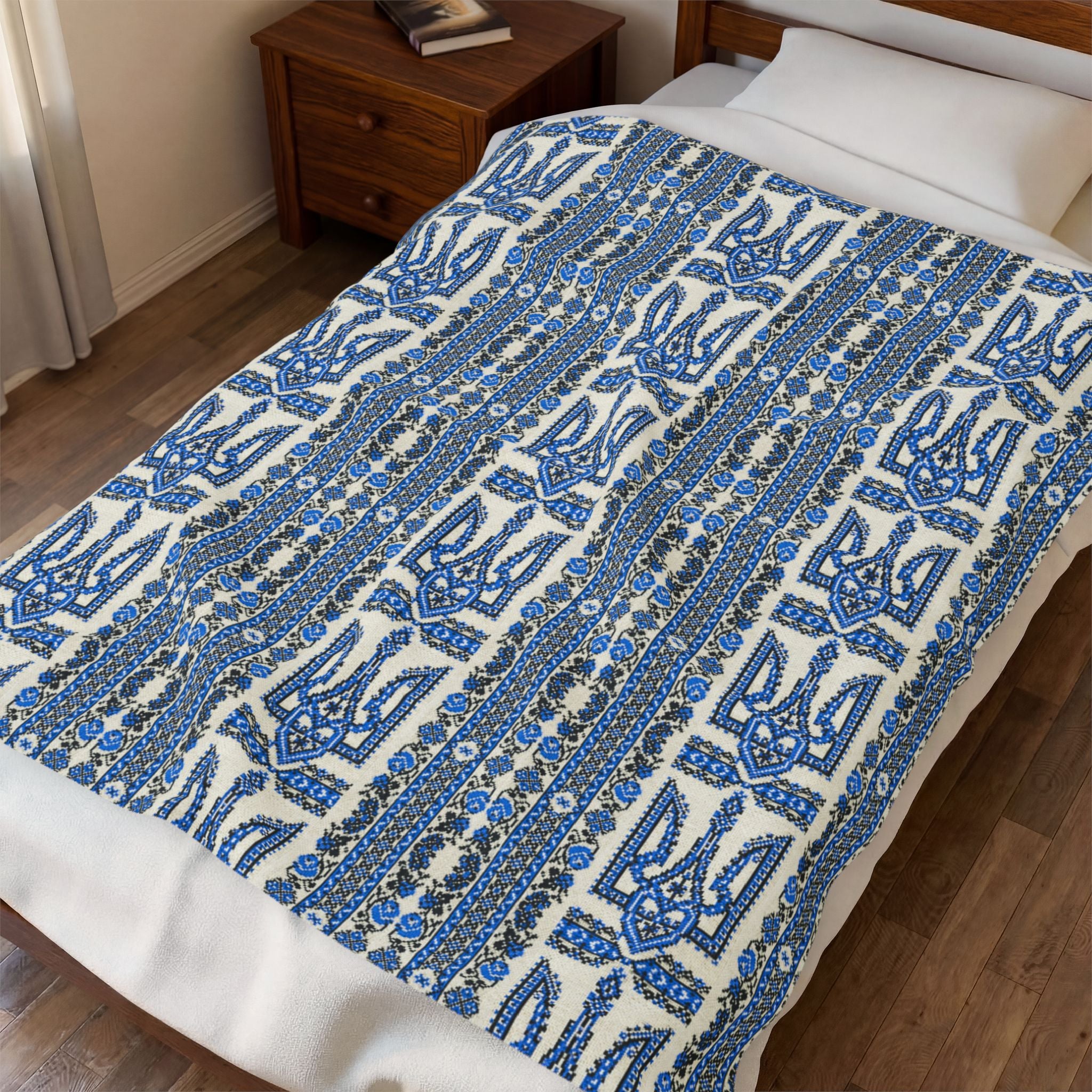 Ukrainian Trident Blue Velveteen Blanket | Tryzub Folk Throw | Artist-Designed