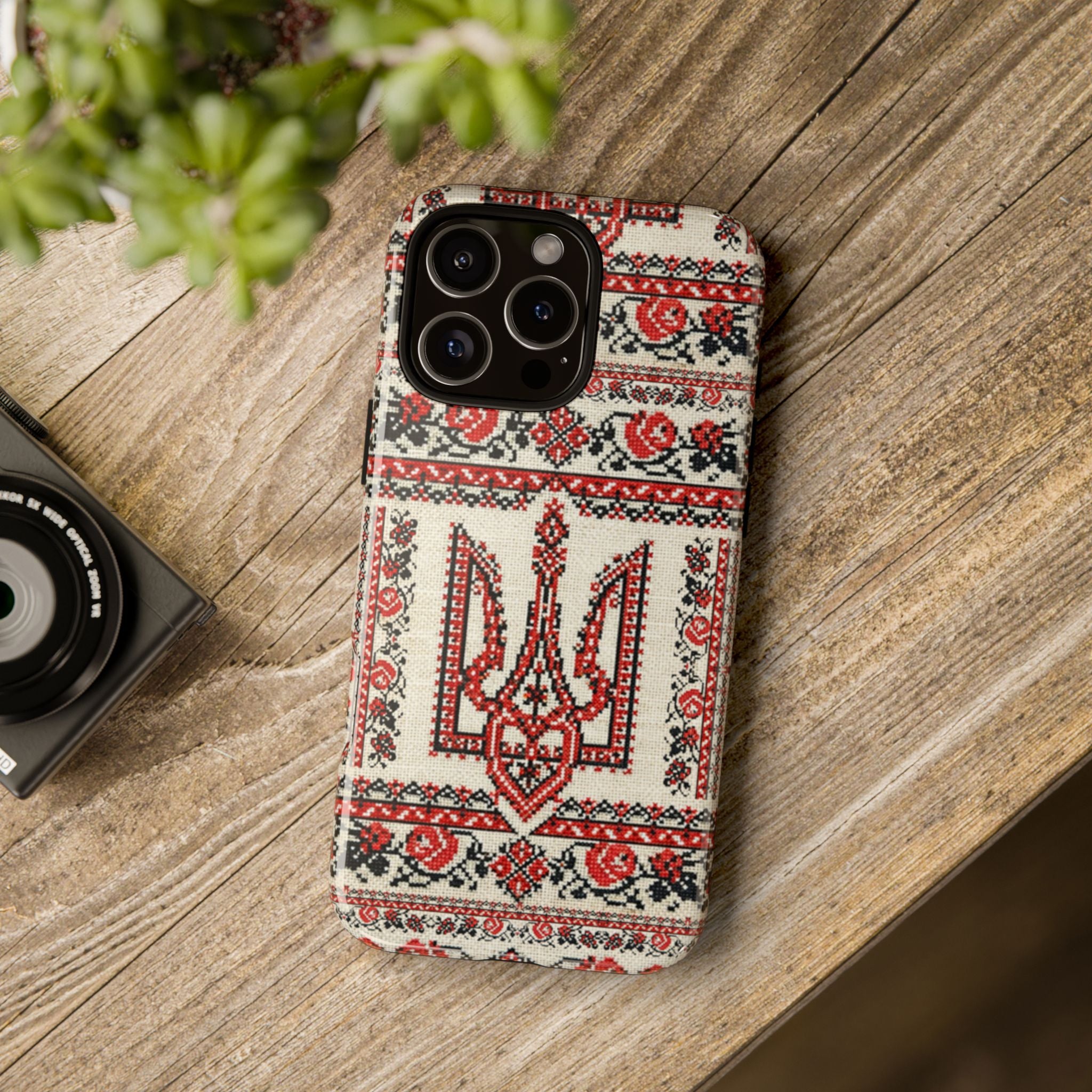 Ukrainian Trident Embroidery Phone Case • Red Black Trident Pattern • Protective Folk Art Cover for iPhone & Samsung