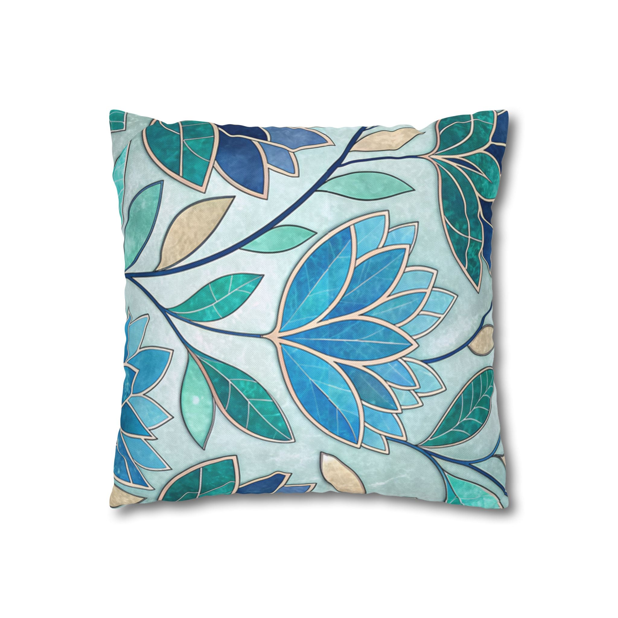 Mosaic Pillowcase 1piece, Stained Glass Style Floral Cushion Covers, Teal Blue Decorative Polyester Throw Pillowcases