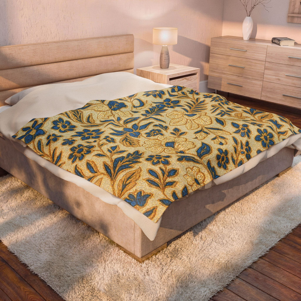 William Morris Floral Velveteen Blanket | Gold & Blue Botanical Plush Throw | 3 Sizes