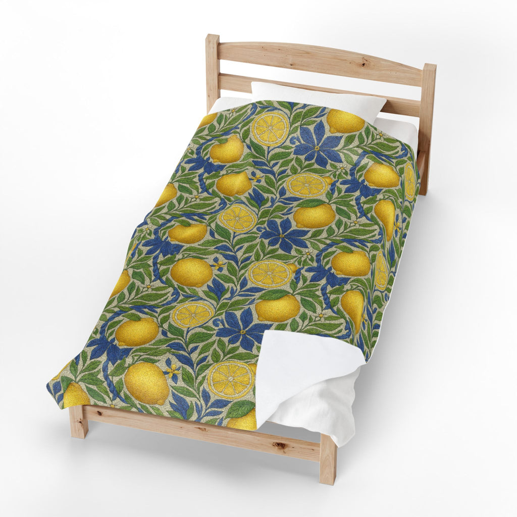 Citrus Riviera Lemon Velveteen Plush Blanket – Mediterranean Botanical Throw | William Morris Style
