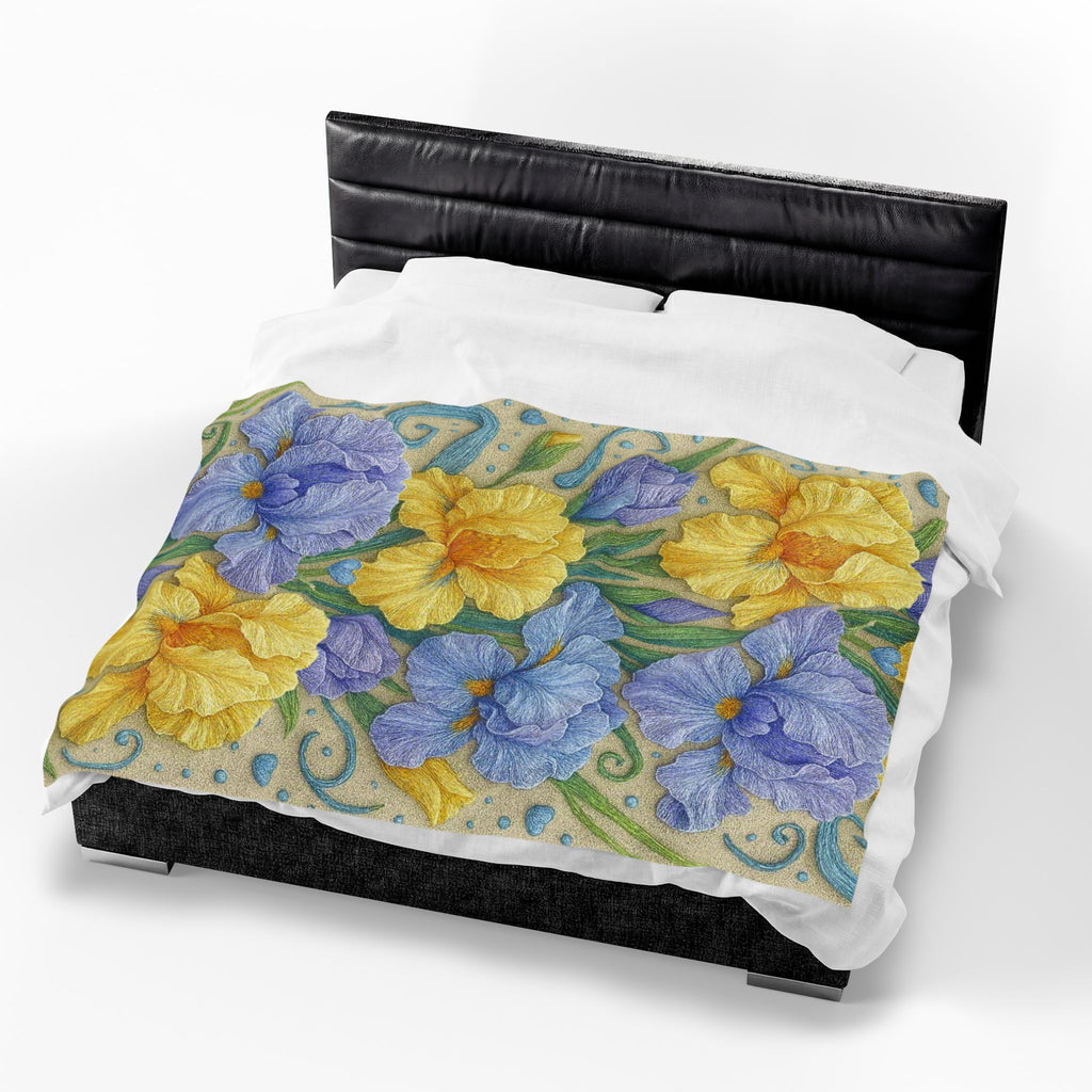 BLUESKYDEZIGN | Yellow and Purple Irises Velveteen Blanket | Irises in Bloom Collection | Cozy Spring Floral Throw | Botanical Gift