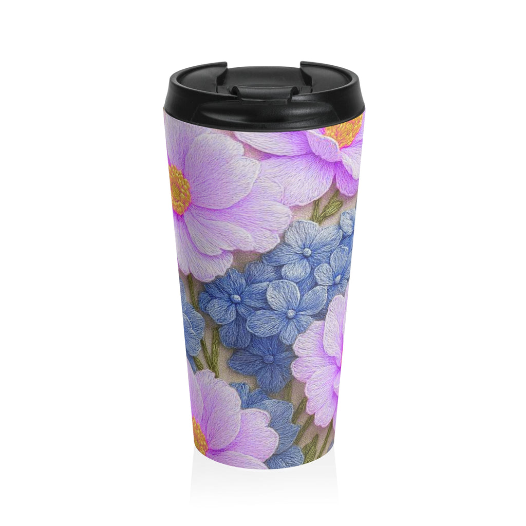 Pink Cosmos and Blue Hydrangea Travel Mug, Alexandra Bloom Collection, Stainless Steel Floral Tumbler, Insulated Coffee Cup Gift