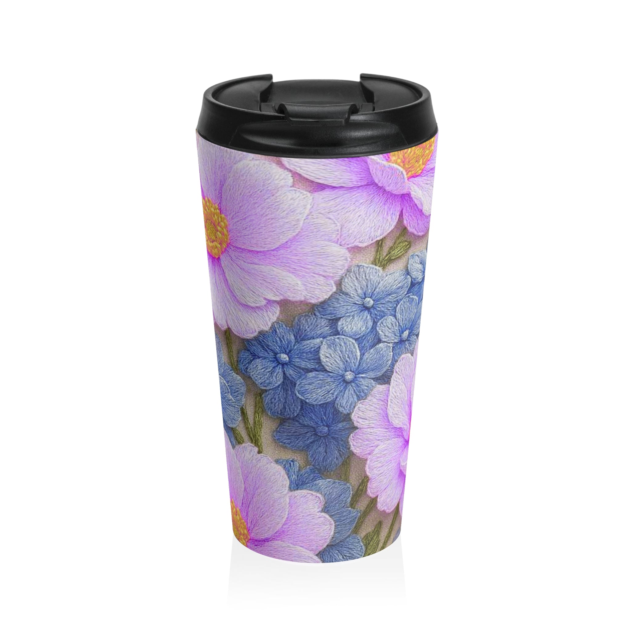 Pink Cosmos and Blue Hydrangea Travel Mug, Alexandra Bloom Collection, Stainless Steel Floral Tumbler, Insulated Coffee Cup Gift