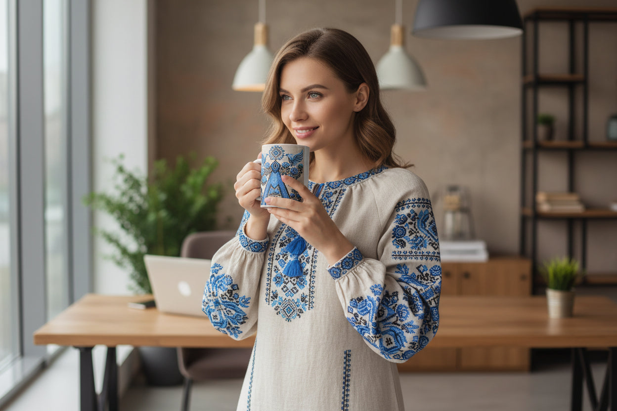 Ukrainian Berehynia mug with blue black folk art geometric pattern
