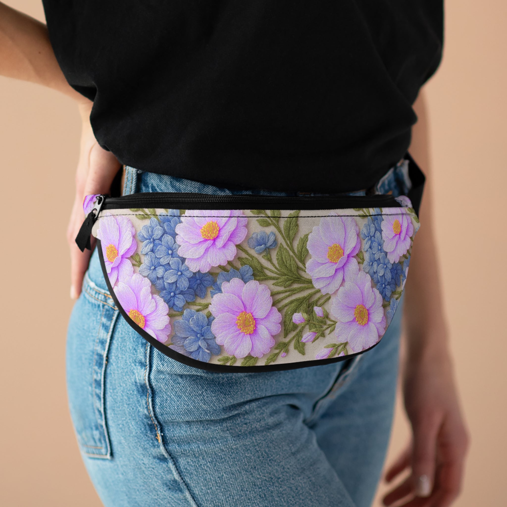 Pink Cosmos and Blue Hydrangea Fanny Pack, Alexandra Bloom Collection, Vintage Floral Waist Bag, Cottagecore Crossbody Purse