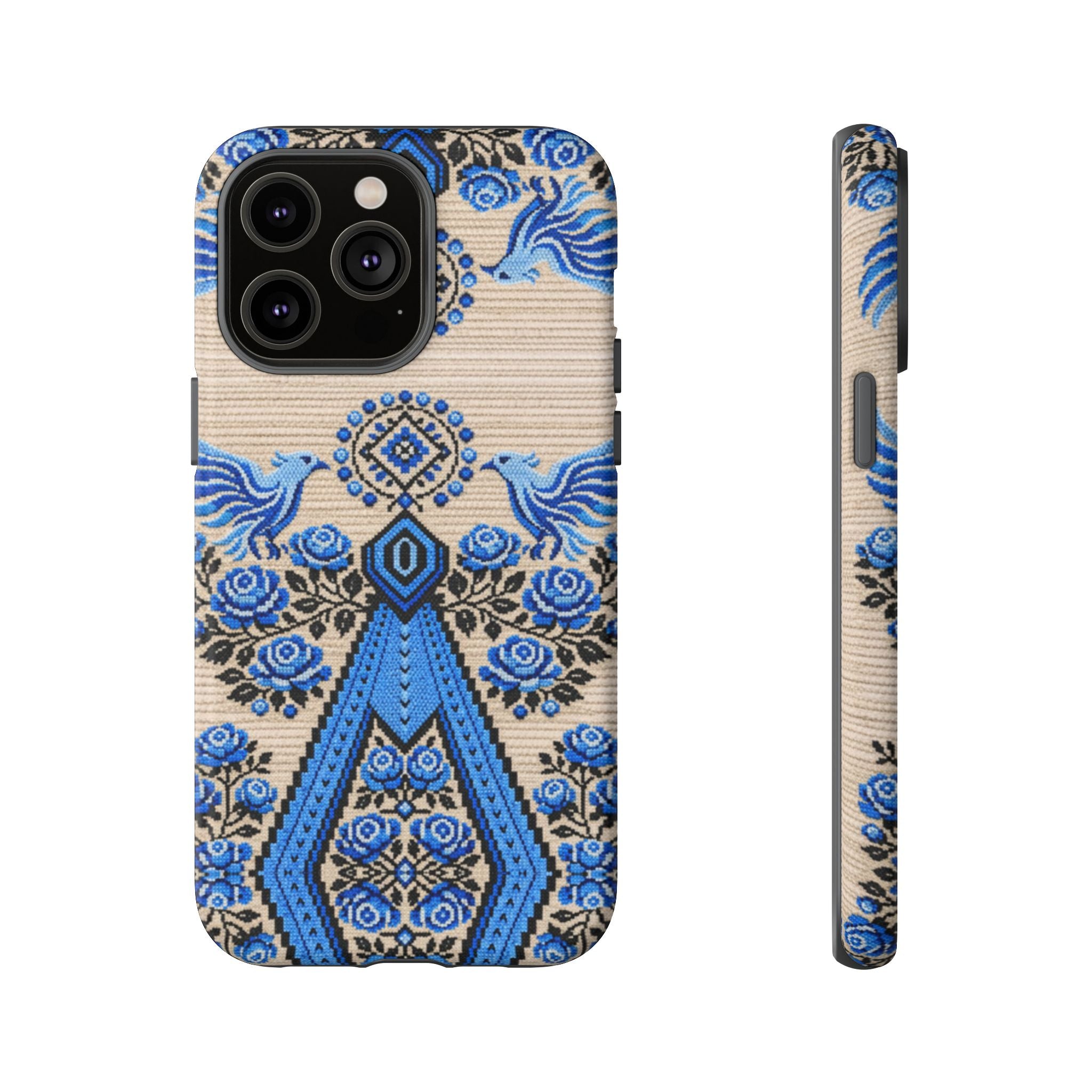Ukrainian Phone Case  Blue Black Berehynia Design, Falcons & Roses Folk Art, Slavic Embroidery Style Protective Cover