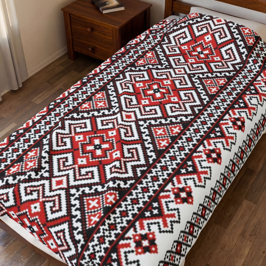 Stasia Red Blanket – Ukrainian Folk Art Velvet Plush Throw, Red & Black Geometric