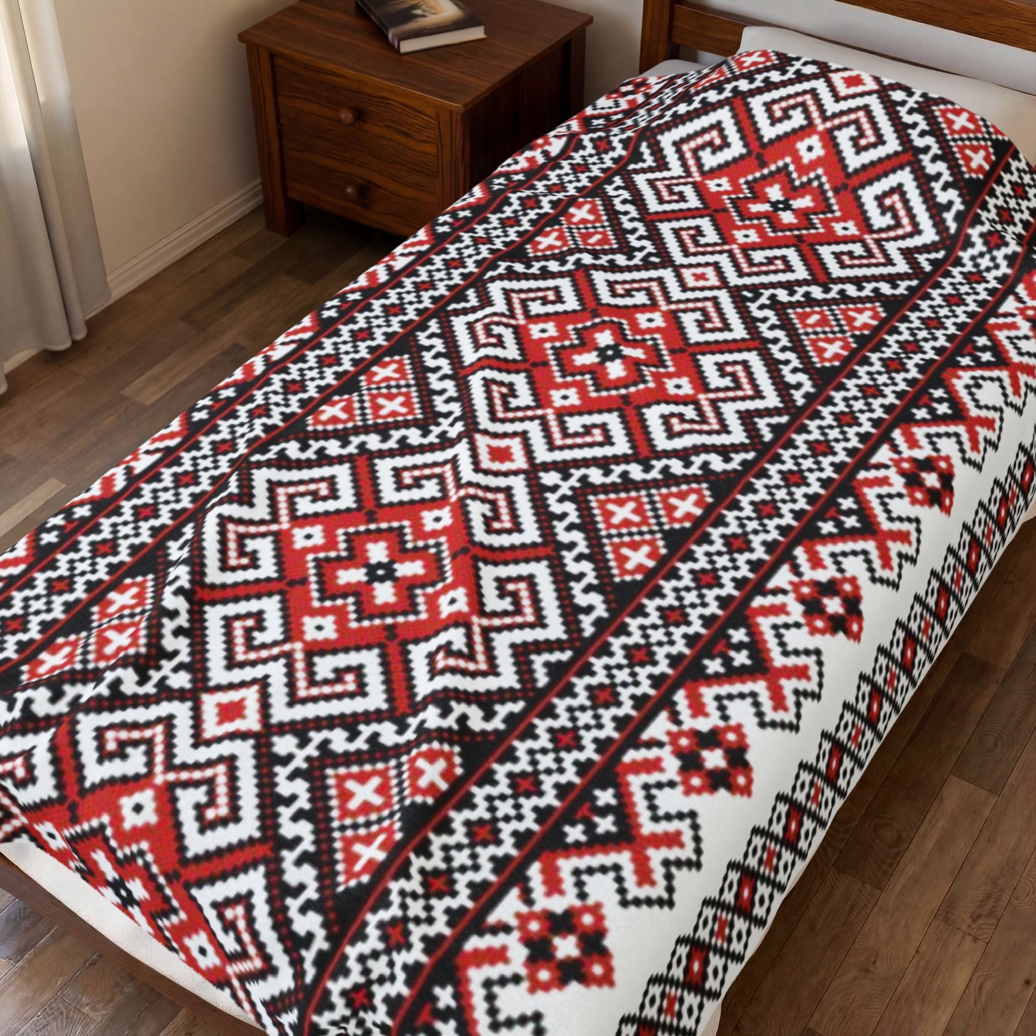 Stasia Red Blanket – Ukrainian Folk Art Velvet Plush Throw, Red & Black Geometric