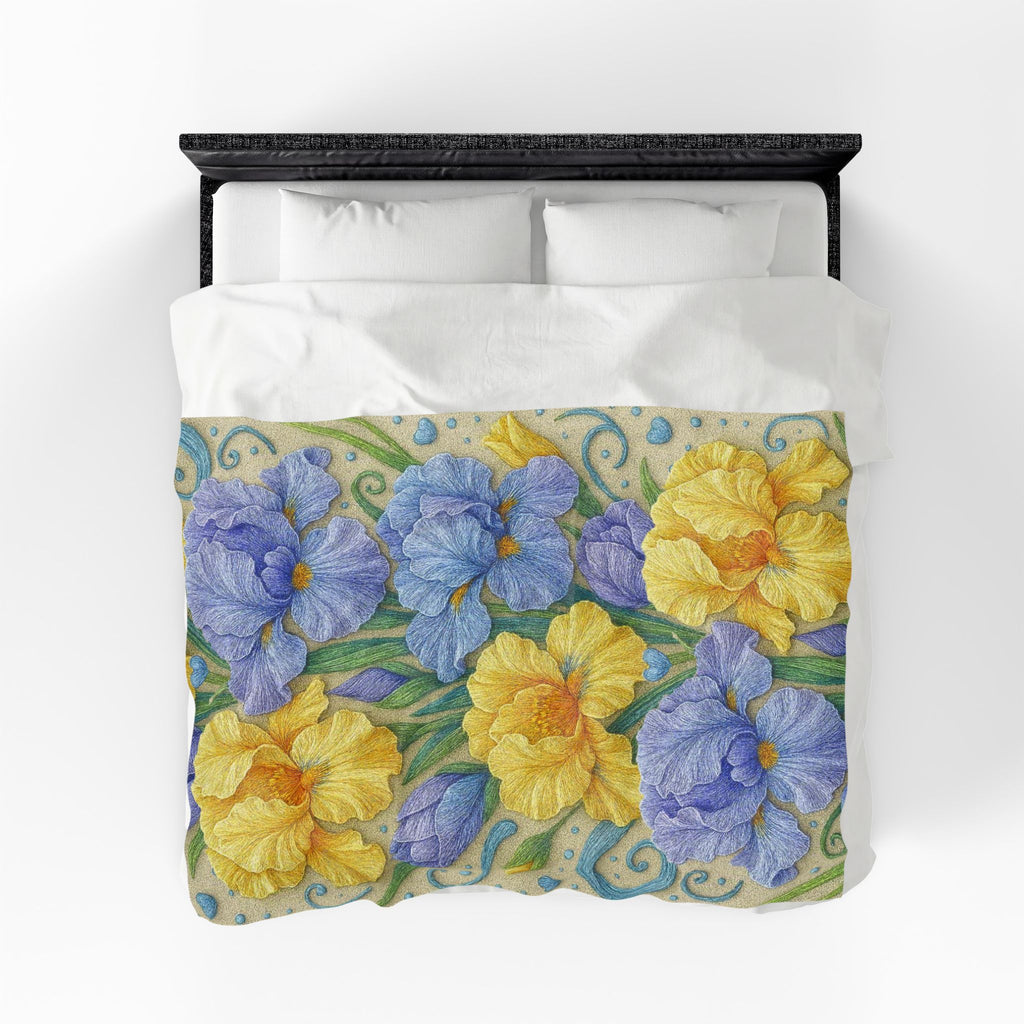BLUESKYDEZIGN | Yellow and Purple Irises Velveteen Blanket | Irises in Bloom Collection | Cozy Spring Floral Throw | Botanical Gift