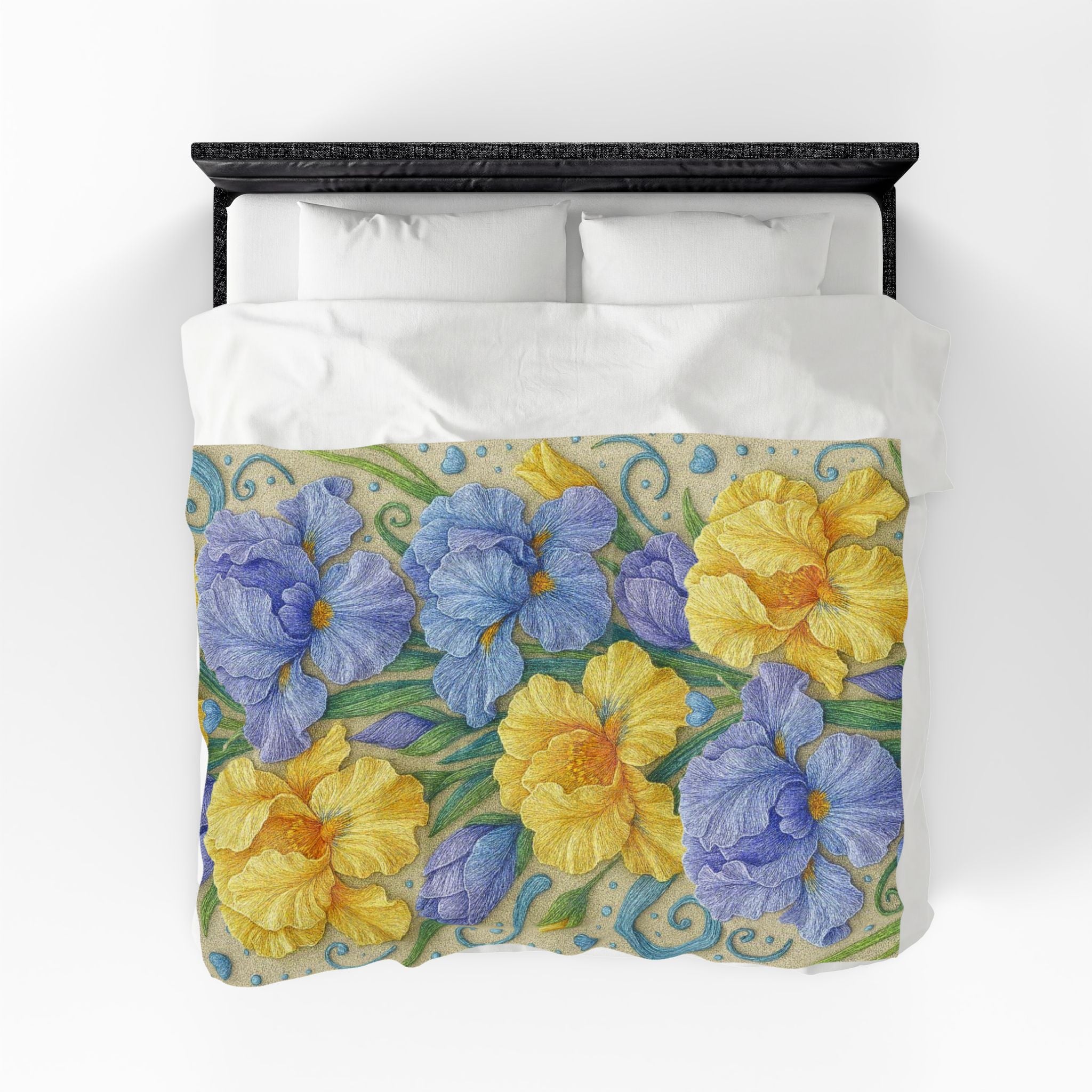 BLUESKYDEZIGN | Yellow and Purple Irises Velveteen Blanket | Irises in Bloom Collection | Cozy Spring Floral Throw | Botanical Gift