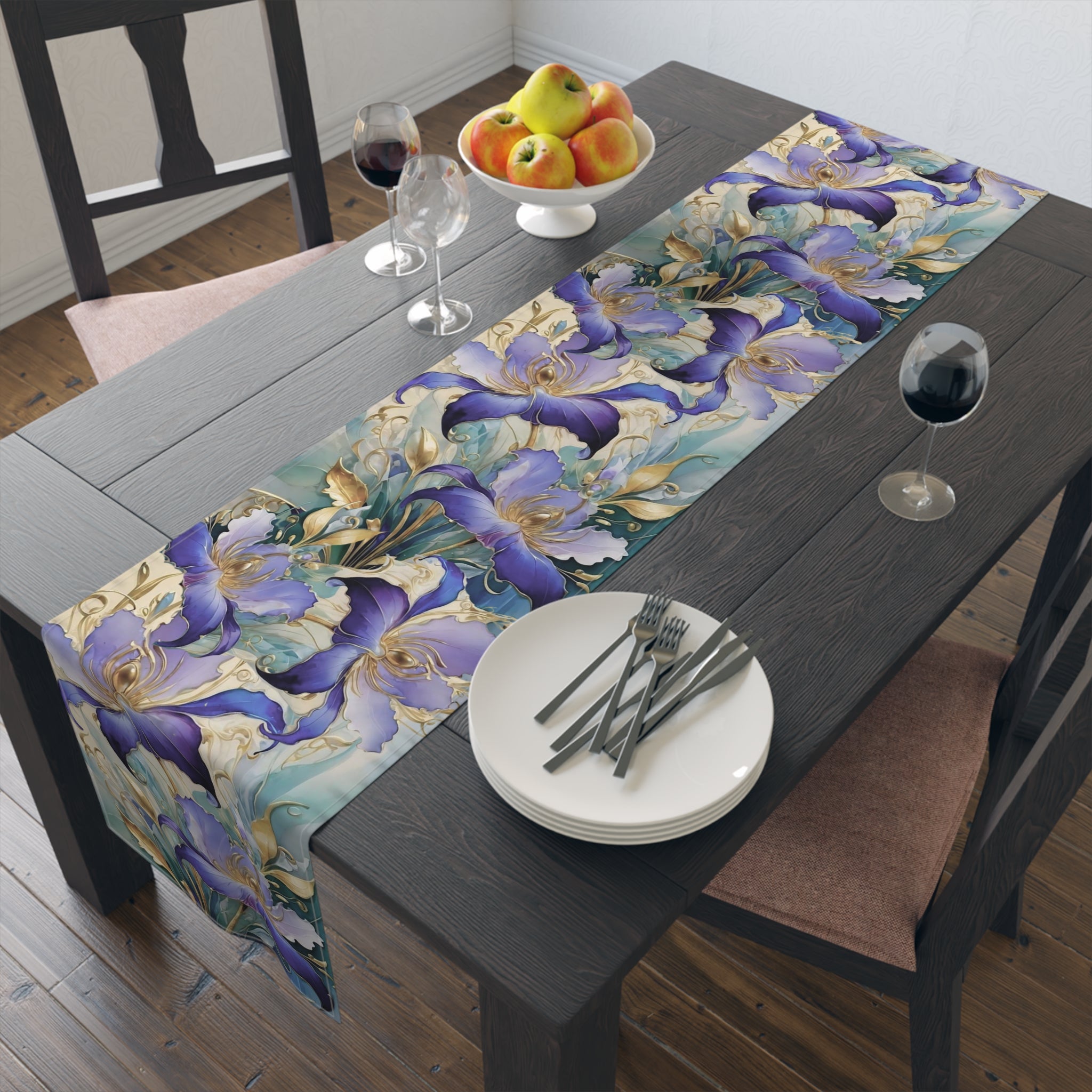 Purple Iris Floral Table Runner – Violet Gold Botanical Dining Decor, Cotton Twill or Polyester, 72" & 90"