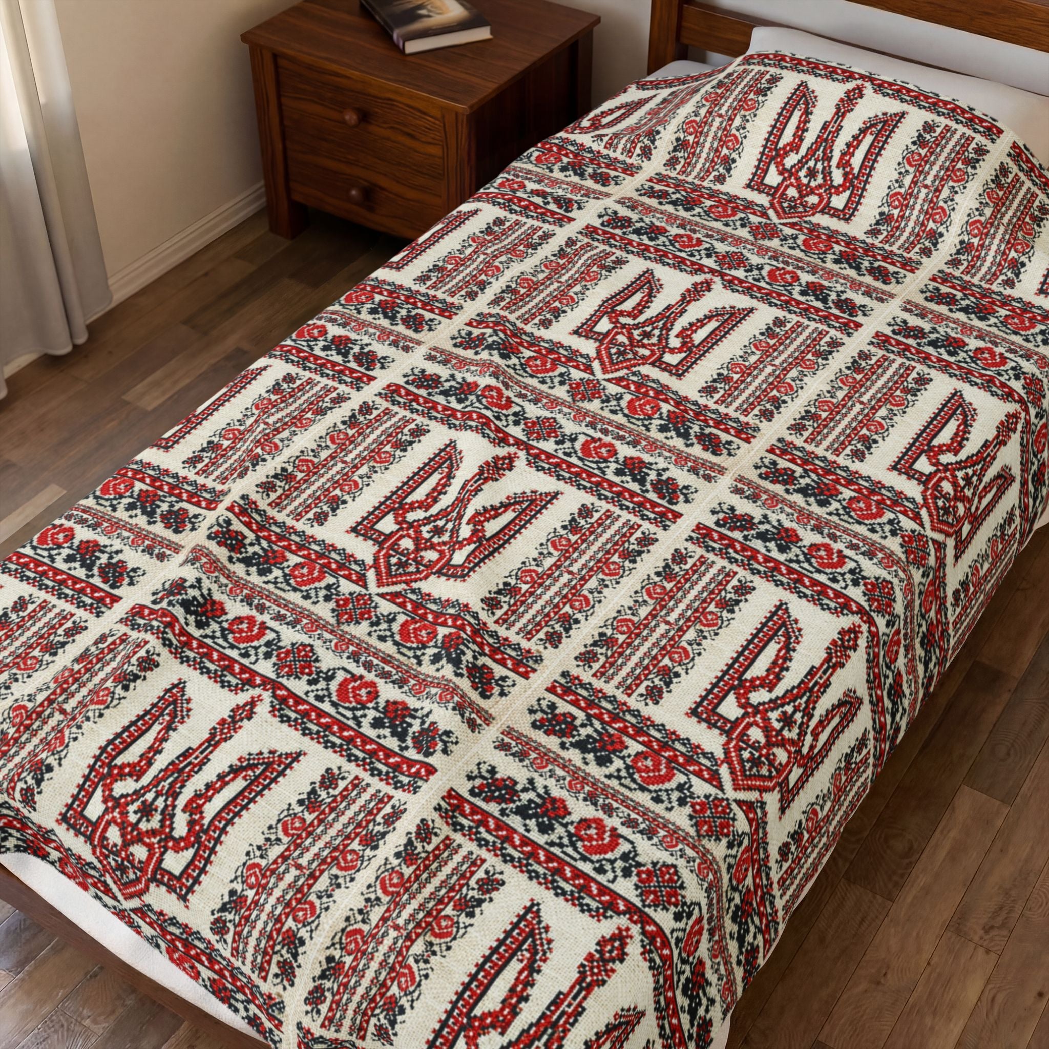 Tryzub Velvet Plush Blanket, Soft Red Black Embroidery Pattern, Ukrainian Folk Art Trident Throw