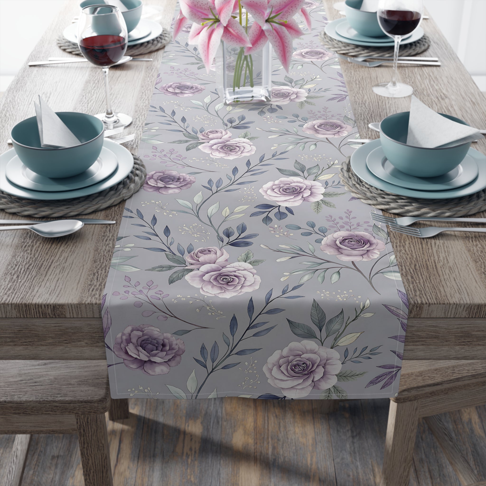 BLUESKYDEZIGN Purple Rose Floral Table Runner - Elegant Spring Wedding Decor