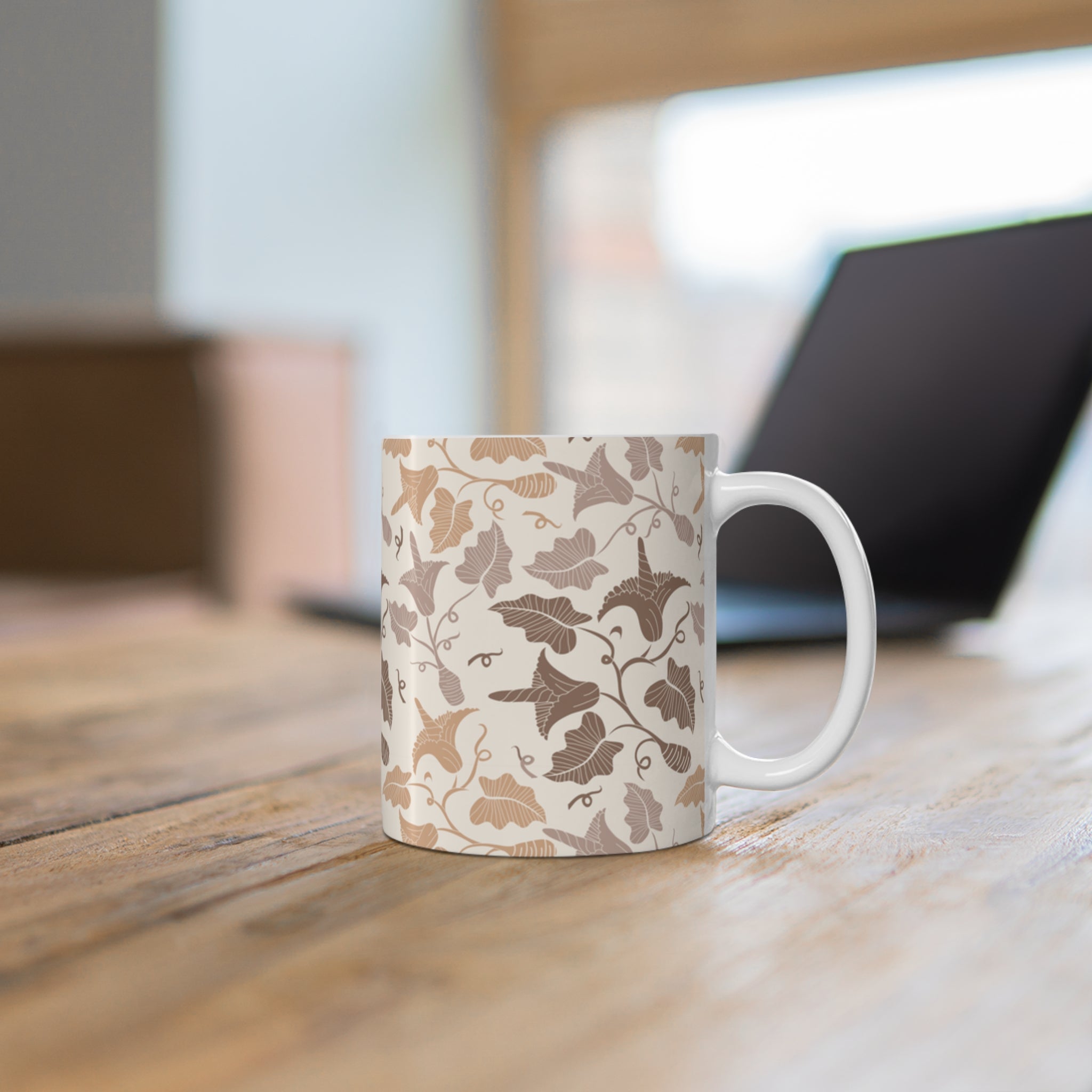 Beige Botanical Leaf Ceramic Mug 11oz - Cottagecore Coffee Cup, Neutral Kitchen Decor, Gift for Her