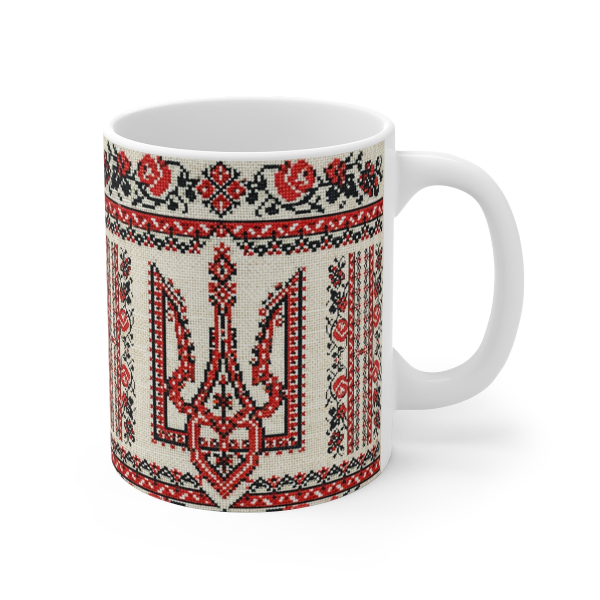 Tryzub 11oz Mug, Ukrainian Red Black Embroidery, Folk Art Trident Coffee Tea Cup, Cultural Gift Idea, Red Black Vyshyvanka Pattern
