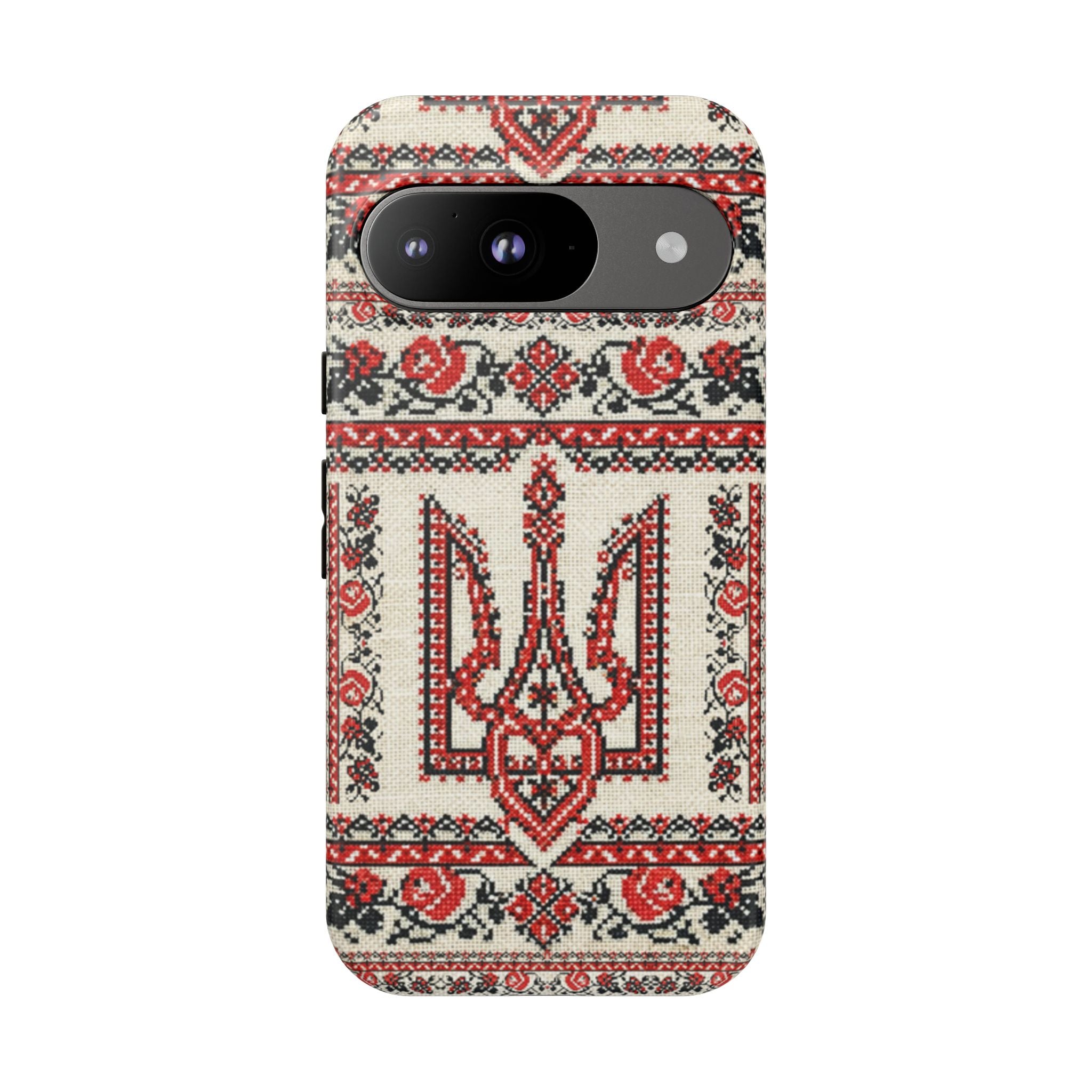 Ukrainian Trident Embroidery Phone Case • Red Black Trident Pattern • Protective Folk Art Cover for iPhone & Samsung