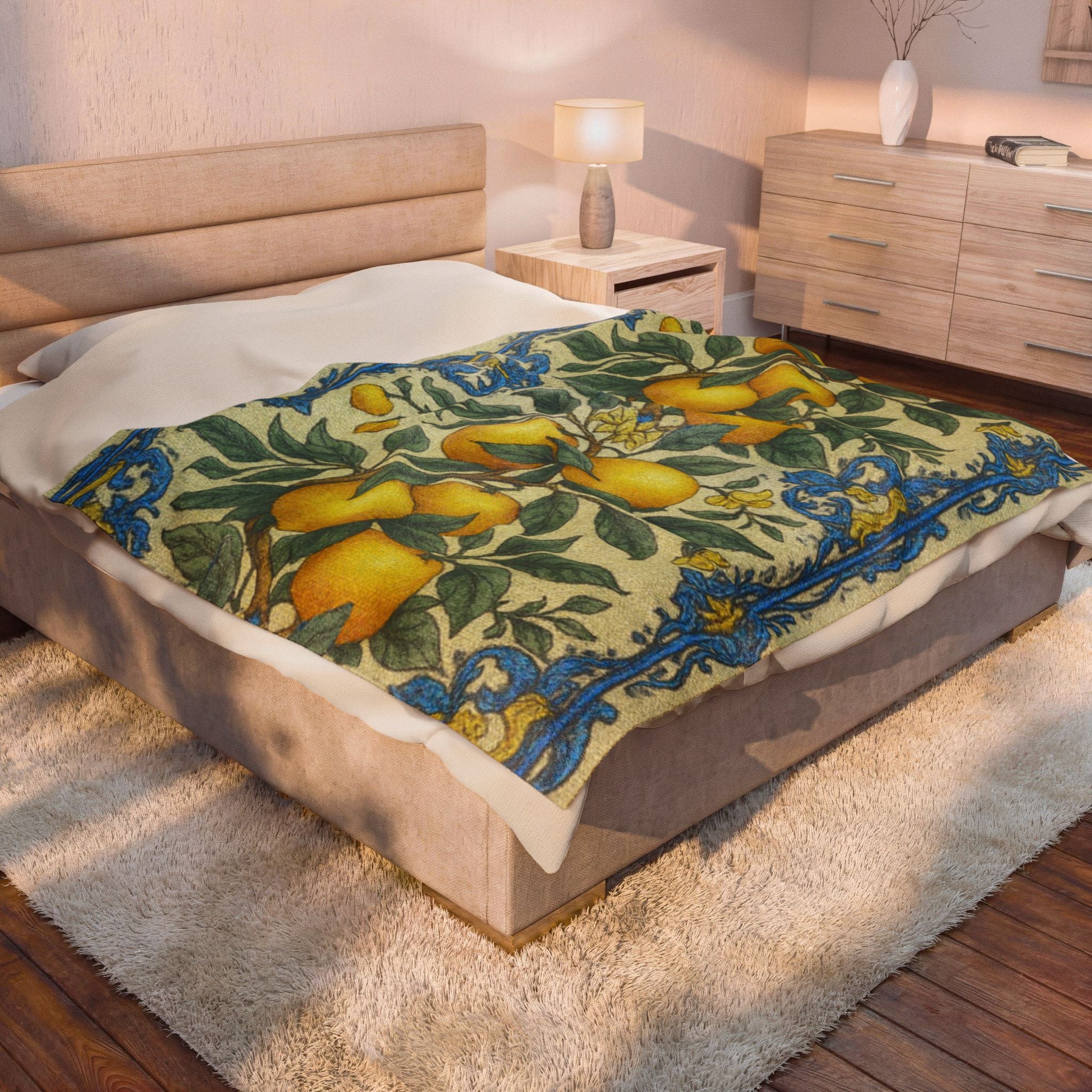 Citrus Riviera Orange Blossom Velveteen Plush Blanket – Mediterranean Botanical Throw | William Morris Style