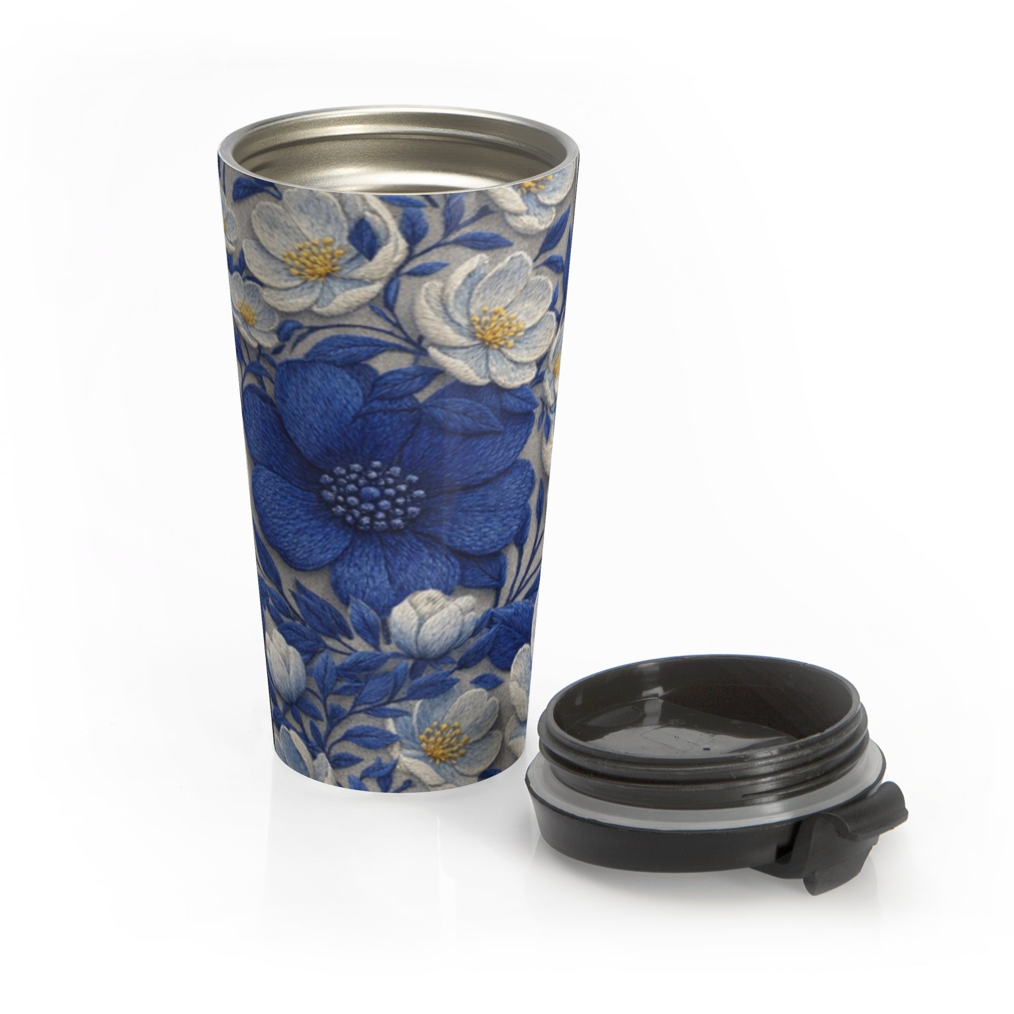 Denim Soul Indigo Floral Travel Mug – 15oz Insulated Stainless Steel Coffee Tumbler