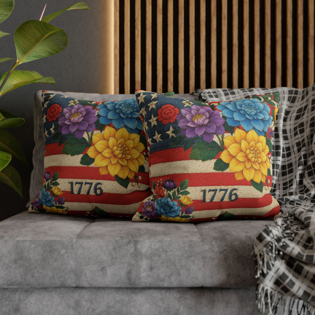 1776 American Flag Floral Pillowcase | Patriotic 4th of July Cushion Cover | Americana Decor