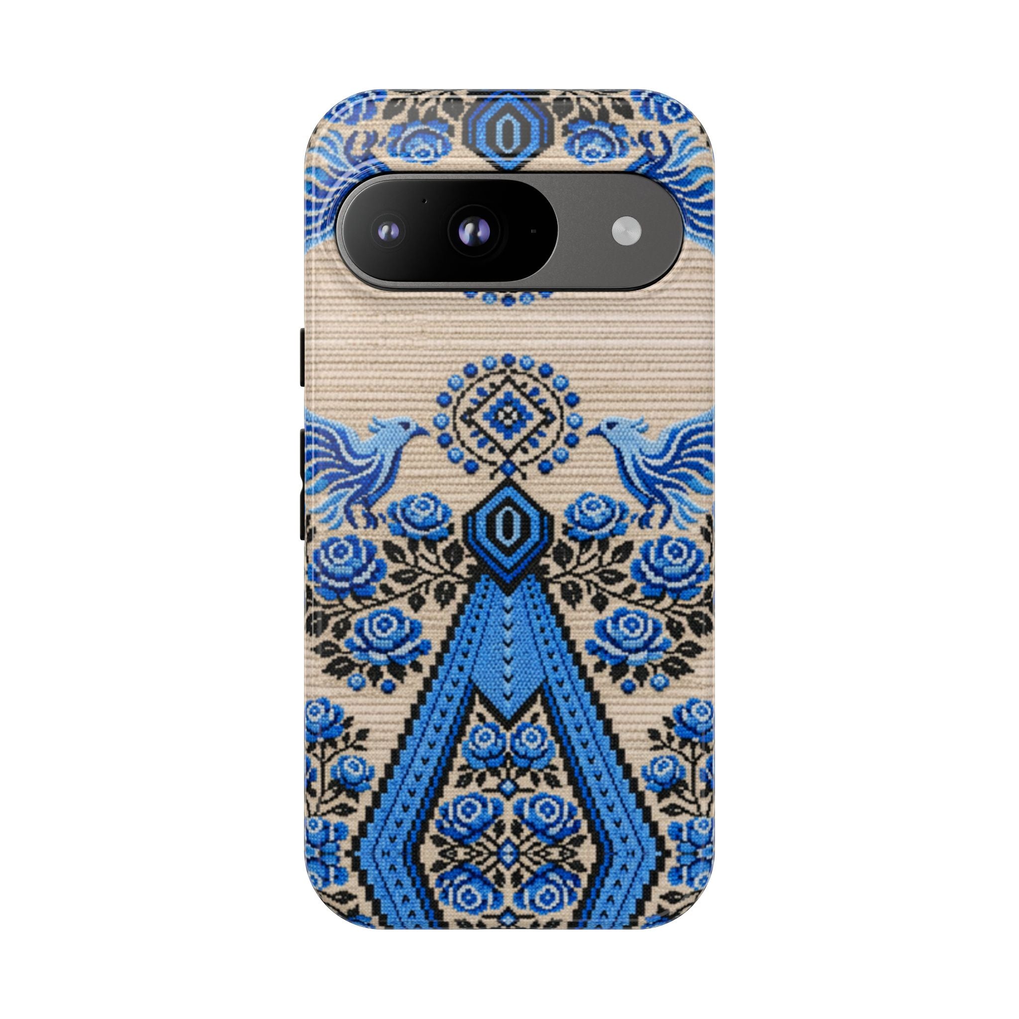 Ukrainian Phone Case  Blue Black Berehynia Design, Falcons & Roses Folk Art, Slavic Embroidery Style Protective Cover