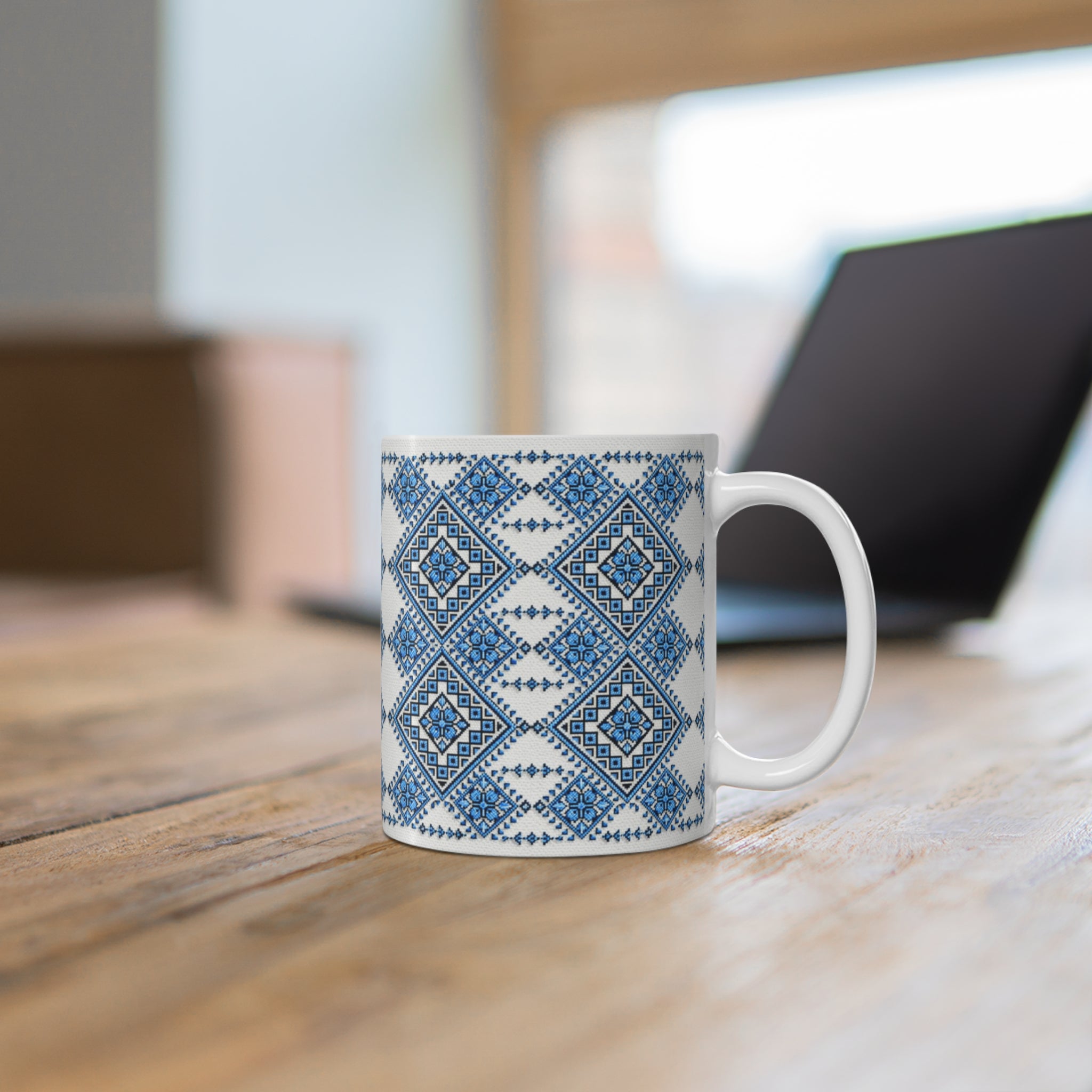 Blue Sky Folk Art Ceramic Mug | Ukrainian Heritage Geometric 11oz