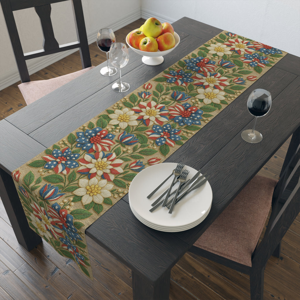 BLUESKYDEZIGN | Floral Americana Table Runner | Patriotic 4th of July Vintage Decor | Cotton or Polyester