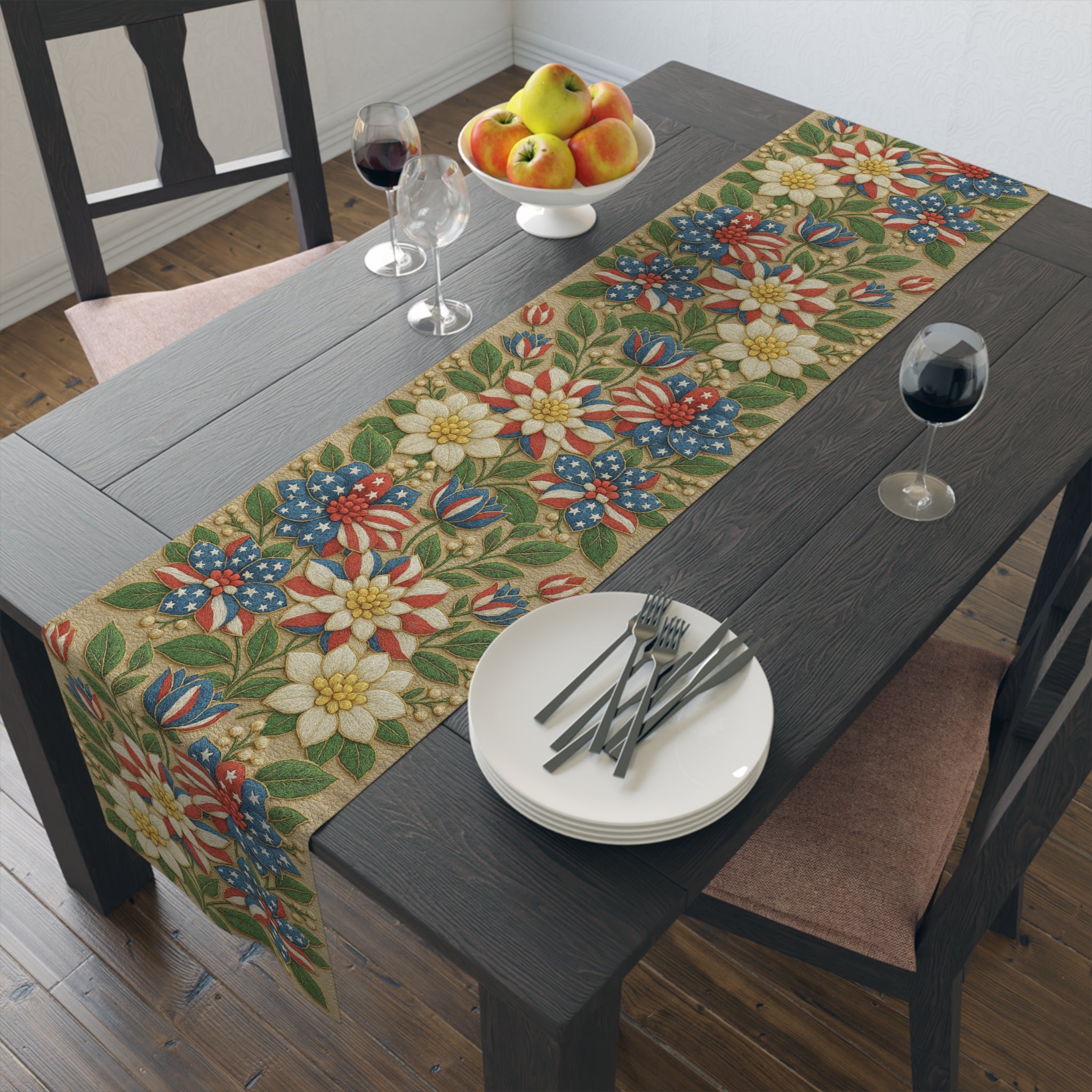 BLUESKYDEZIGN | Floral Americana Table Runner | Patriotic 4th of July Vintage Decor | Cotton or Polyester