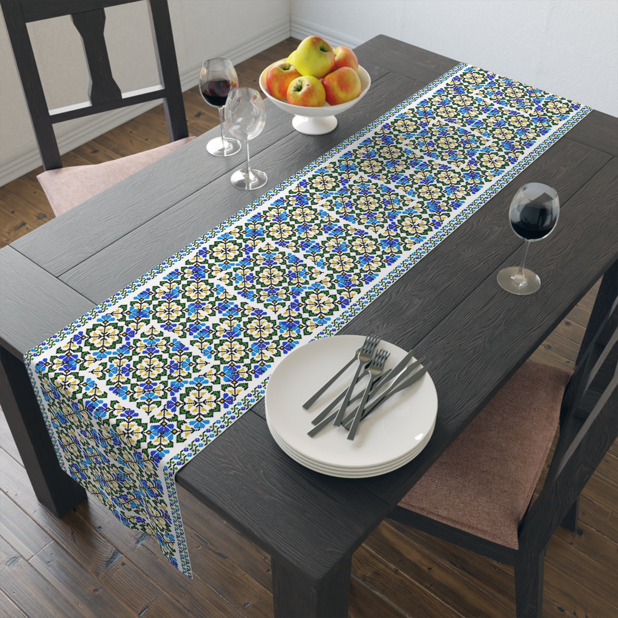 Ukrainian Folk Art Table Runner - Blue Indigo Pattern, Slavic Heritage Farmhouse Decor, Cotton or Polyester, Housewarming Gift
