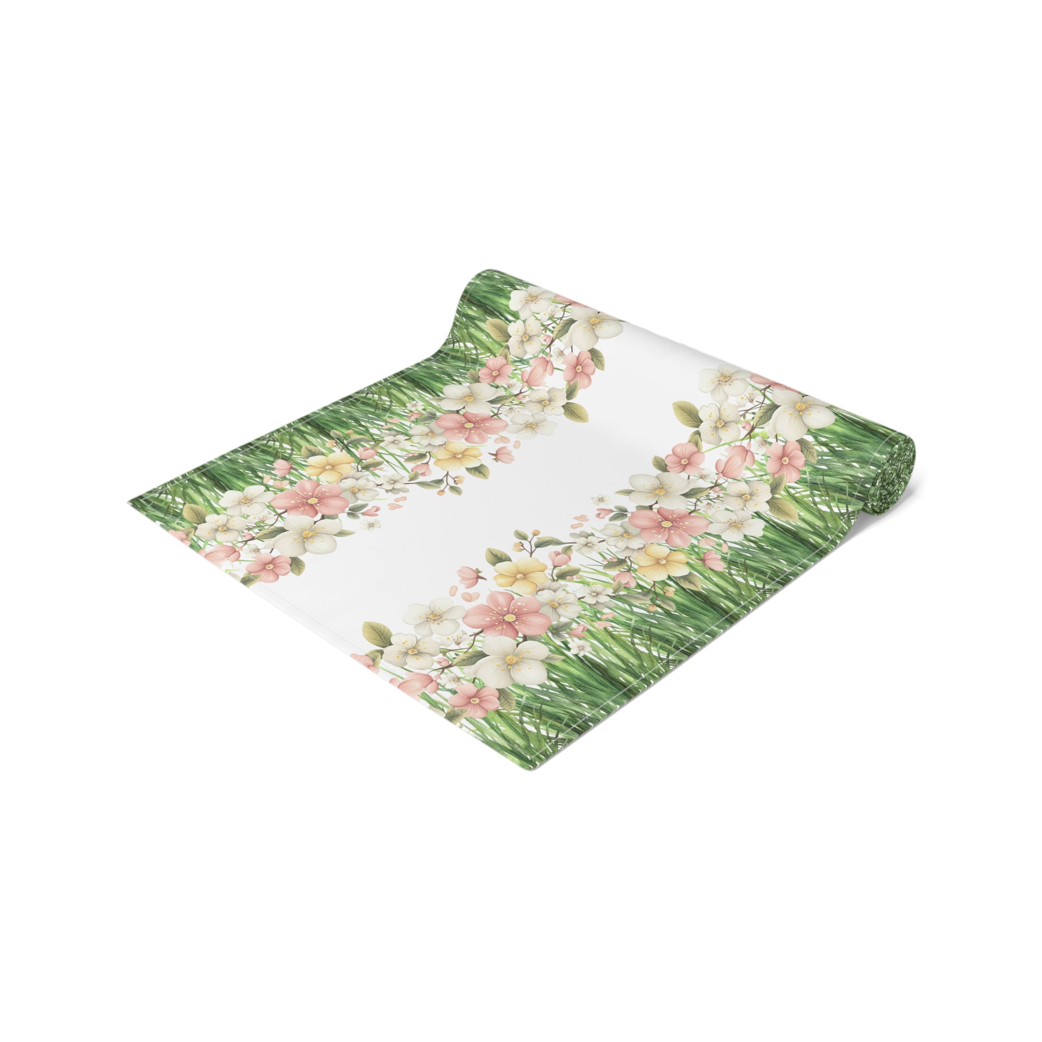 Spring Floral Table Runner, Cotton  Polyester Table Decor, Green Grass Border with Pink White Flowers, Dining Table Runner in 16×72, 16×90
