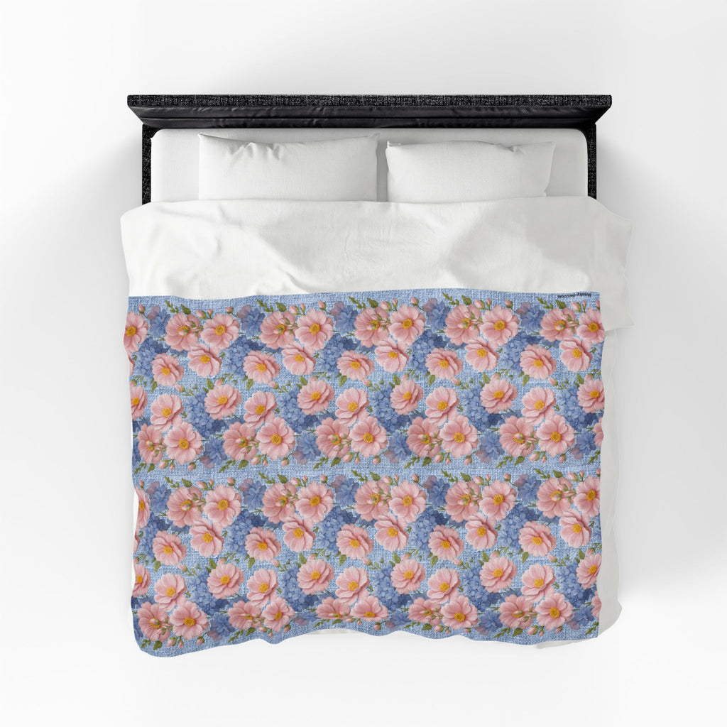 Pink Peony & Blue Hydrangea Plush Blanket | Soft Provence Velveteen Throw