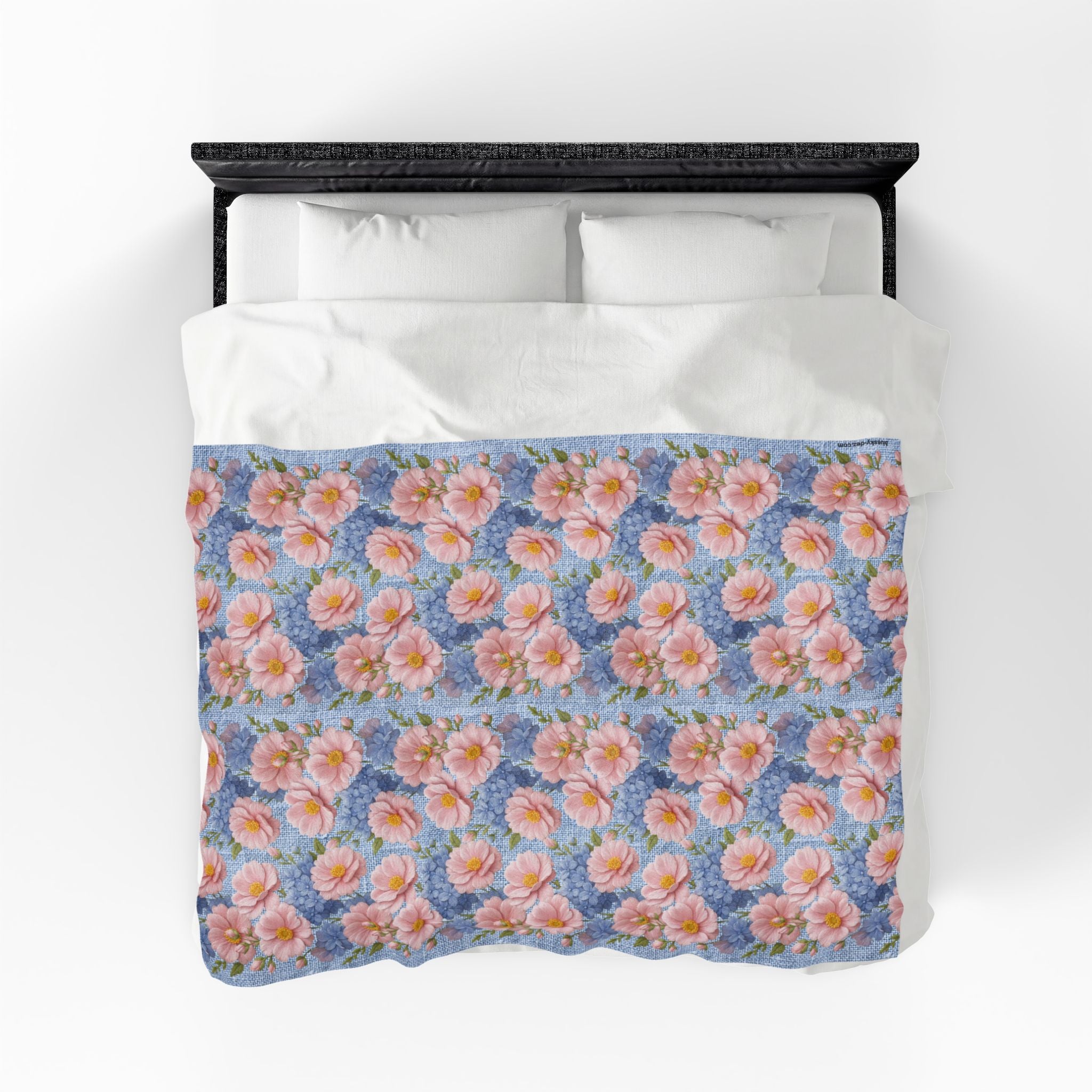 Pink Peony & Blue Hydrangea Plush Blanket | Soft Provence Velveteen Throw