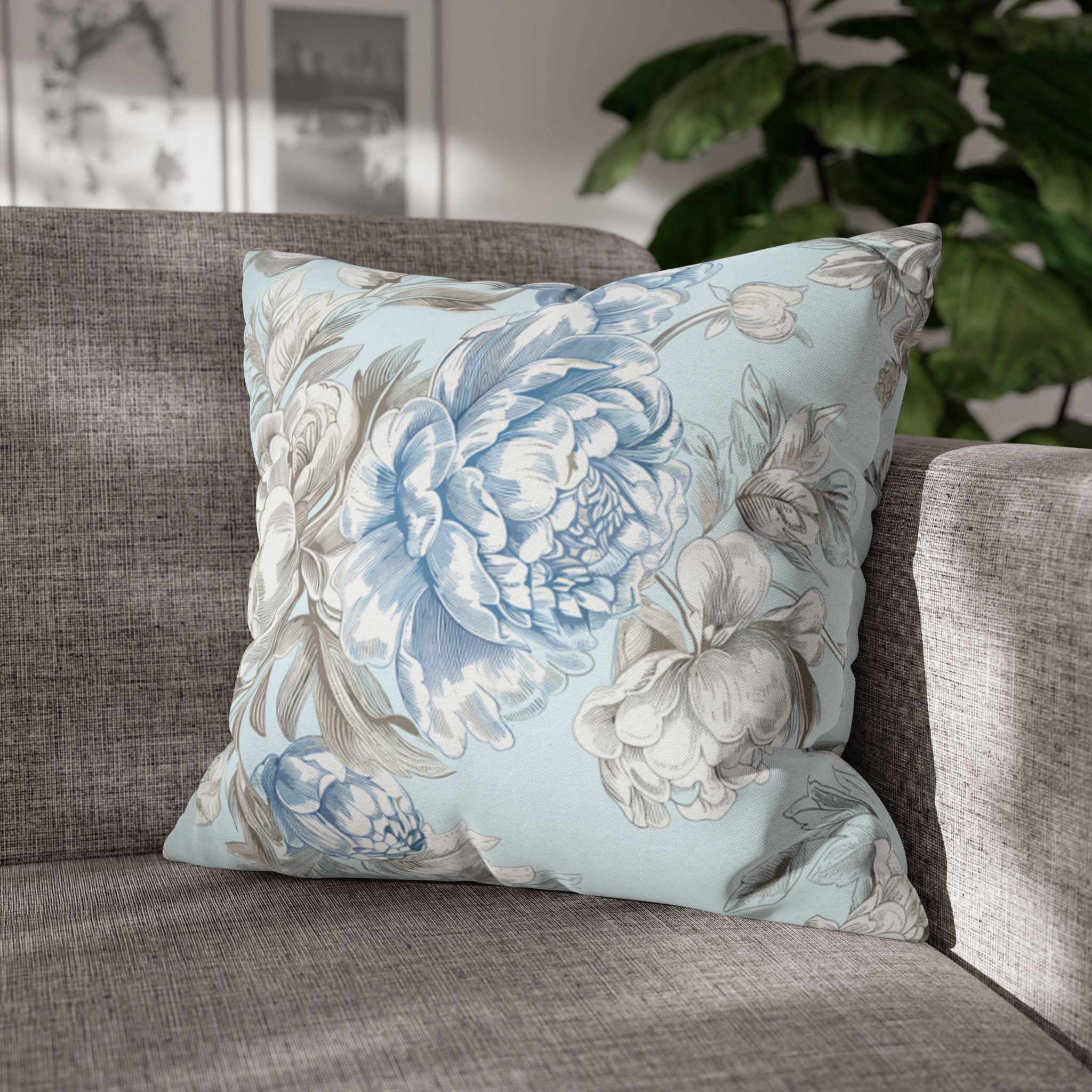 Light Blue Floral Throw Pillowcasу – Elegant Botanical Cushion for Sofa or Bedroom Home Decor, housewarming, cottage core