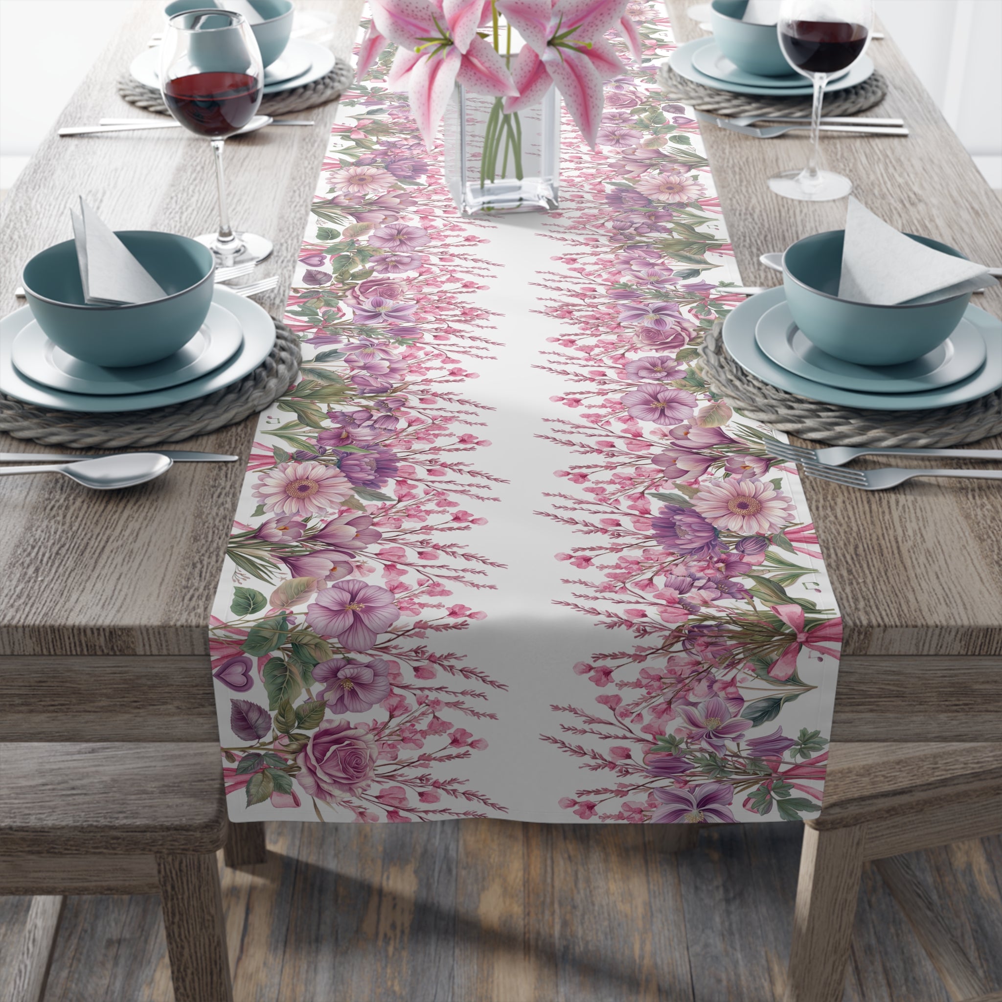 Spring Floral Table Runner, Cotton  Polyester, Pink  Purple Flower Design, Elegant Dining Table Decor, 16×72, 16×90