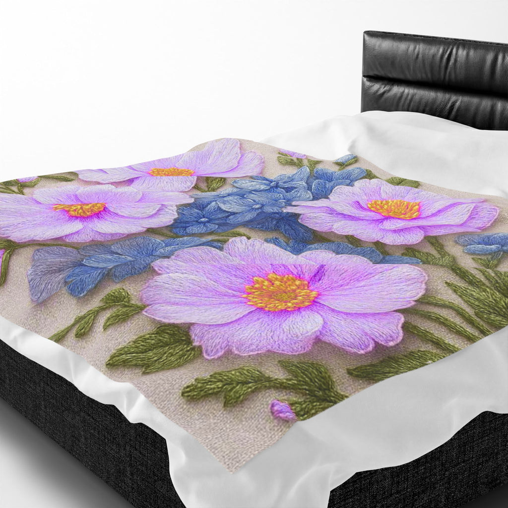 Lavender Cosmos and Blue Hydrangea Velveteen Blanket, Alexandra Bloom Collection, Cozy Floral Throw Blanket, Soft Garden Bedding Gift