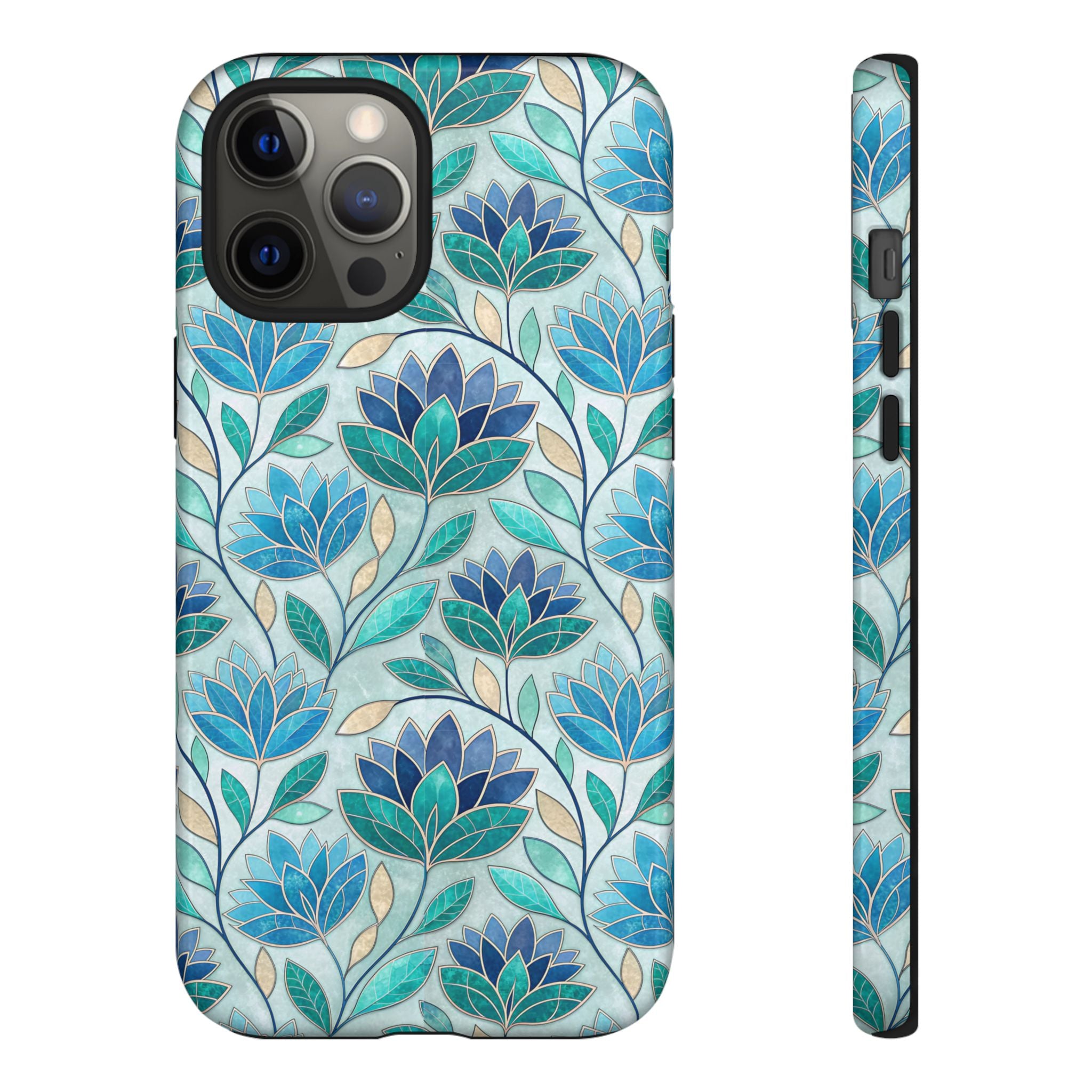 Mosaic iPhone Case, Stained Glass Floral Phone Cover, Teal Blue Protective Case, Matte Glossy Options, Artistic Mosaic Pattern