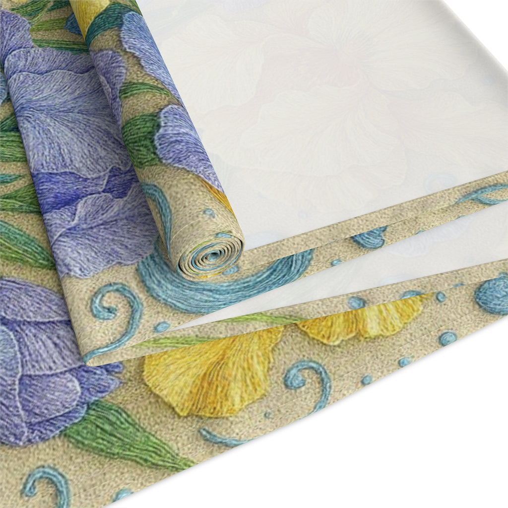 BLUESKYDEZIGN | Yellow and Lavender Iris Floral Table Runner | Spring Dining Decor | Modern Farmhouse | Cotton or Polyester Gift