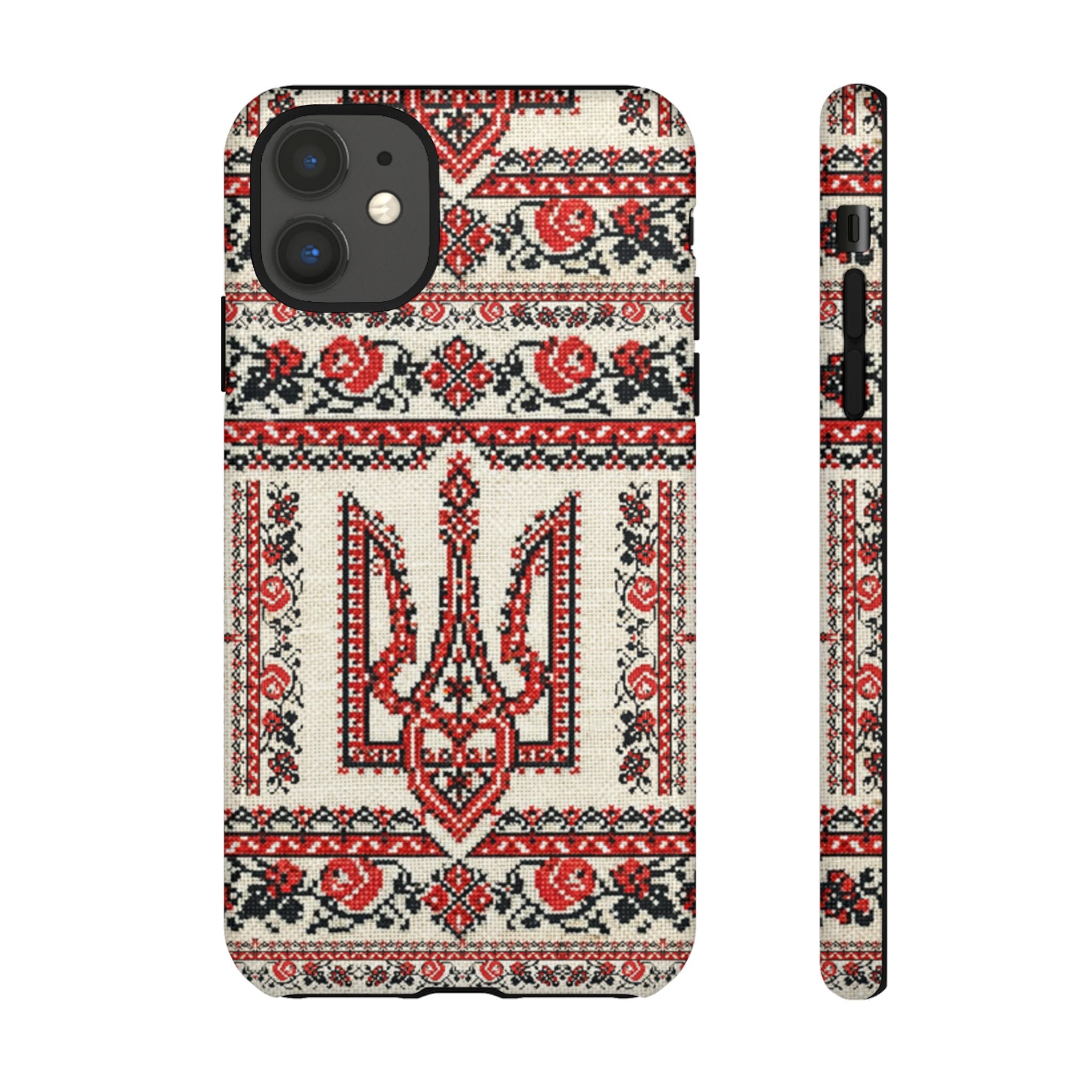 Ukrainian Trident Embroidery Phone Case • Red Black Trident Pattern • Protective Folk Art Cover for iPhone & Samsung