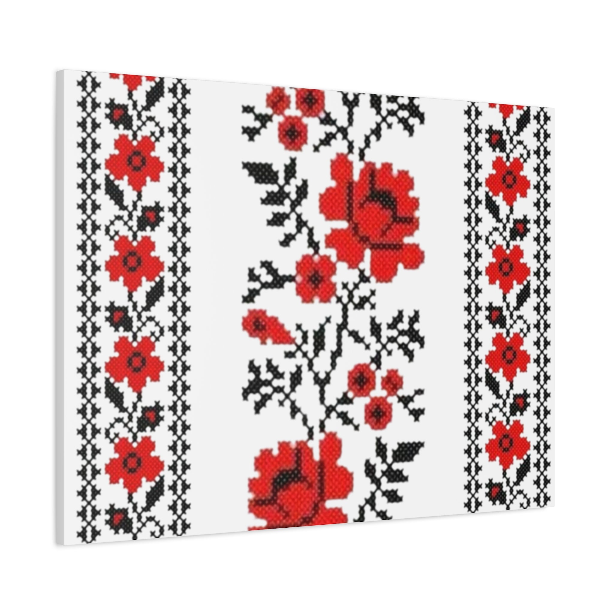 Ukrainian Embroidery Wall Art, Red Black Folk Floral Pattern, Traditional Slavic Home Decor Canvas for Living Room or Entryway, Matte Print, Stretched 1.25" Ready to Hang