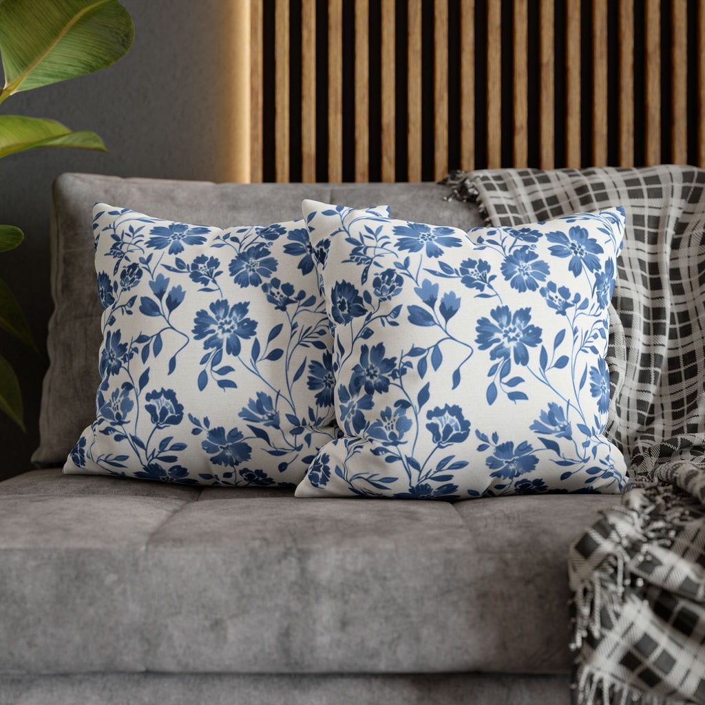 Light Blue Floral Pillowcase Spun Polyester Square Pillowcase | Blue Flower Pillow Cover