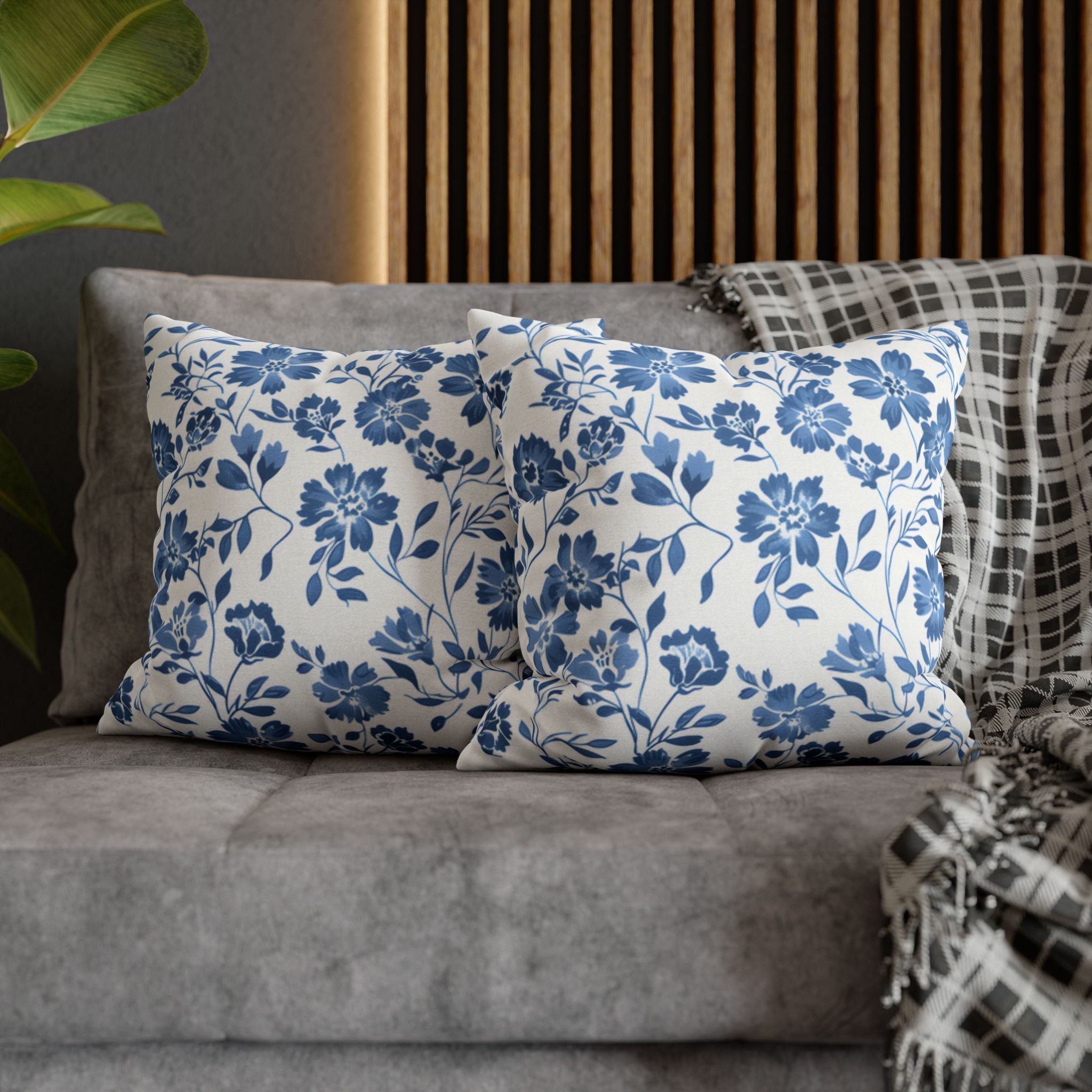 Light Blue Floral Pillowcase Spun Polyester Square Pillowcase | Blue Flower Pillow Cover