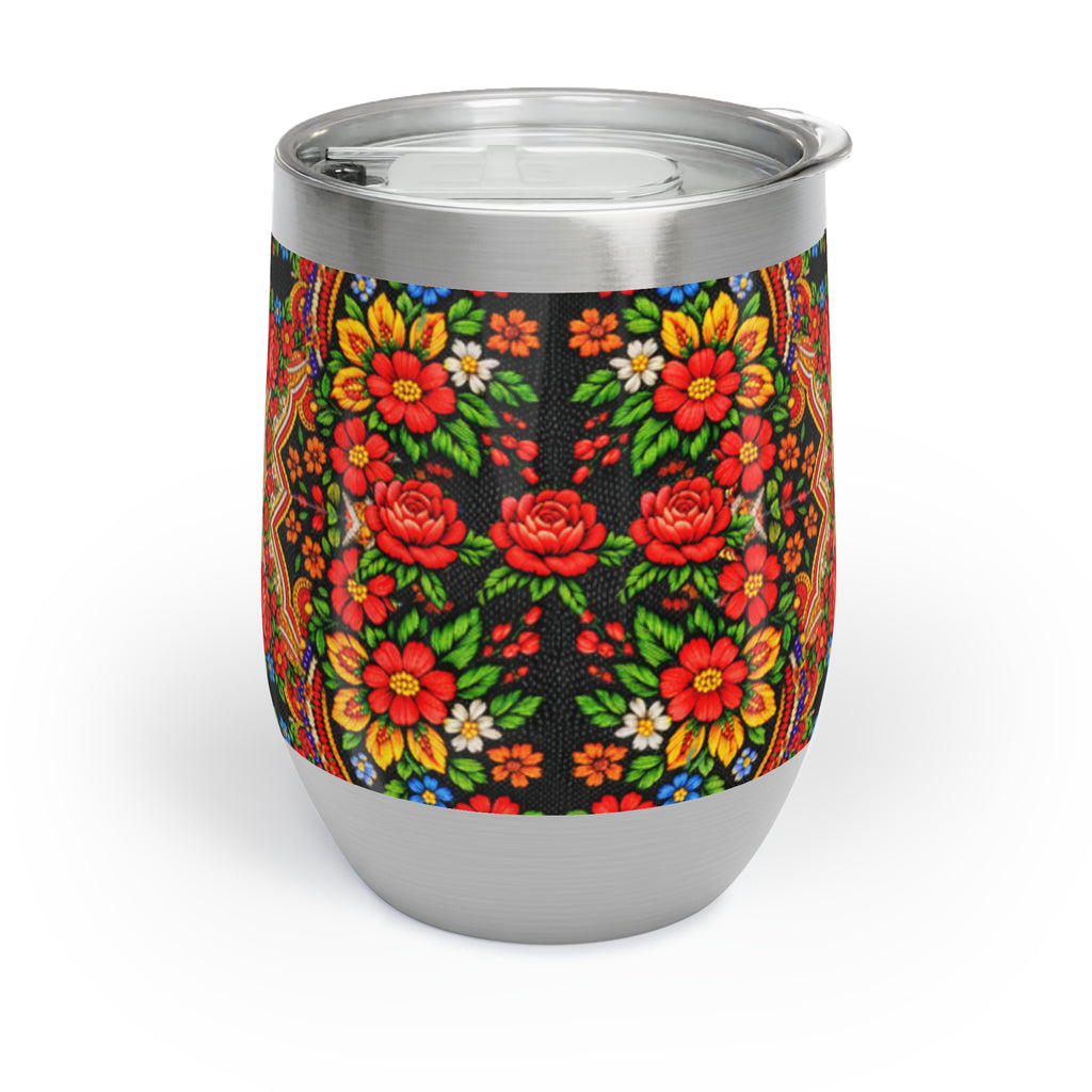 Mother's Bloom Wine Tumbler | Ukrainian Folk Art Floral Steel Cup | Boho Heritage Gift