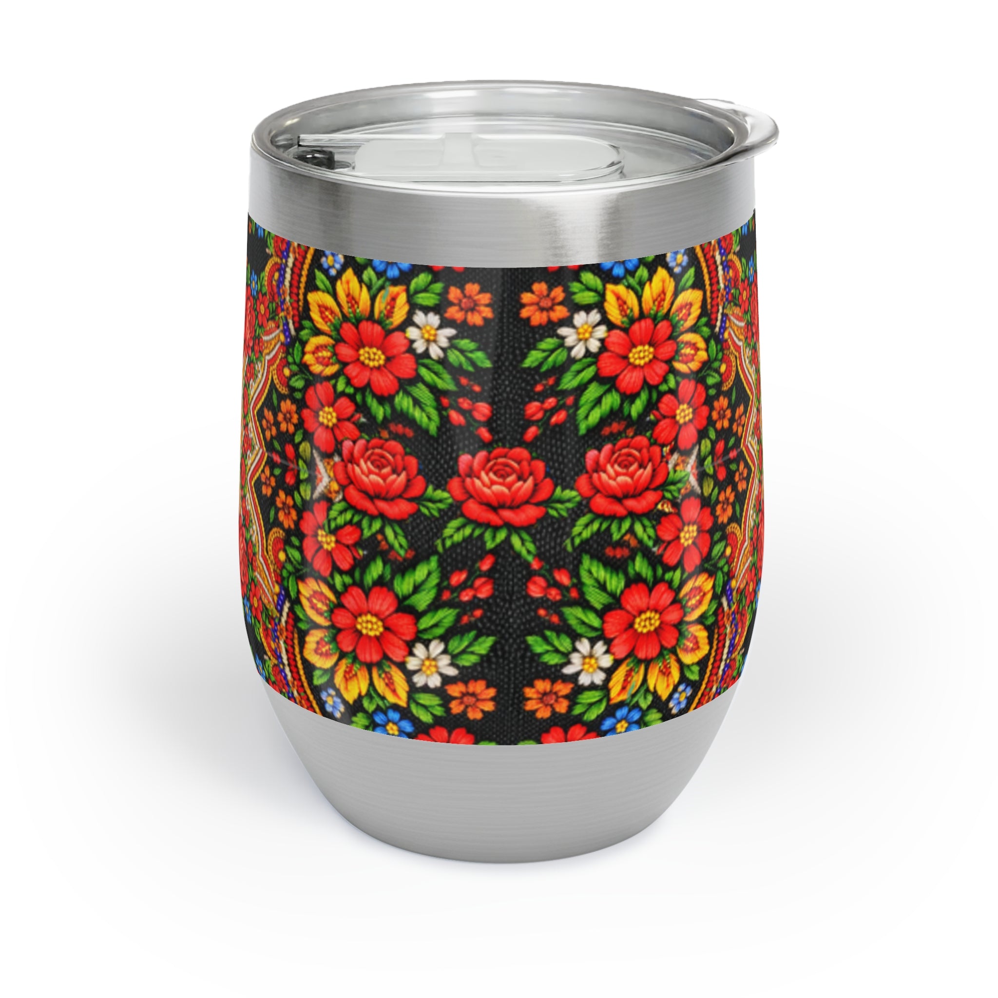 Mother's Bloom Wine Tumbler | Ukrainian Folk Art Floral Steel Cup | Boho Heritage Gift