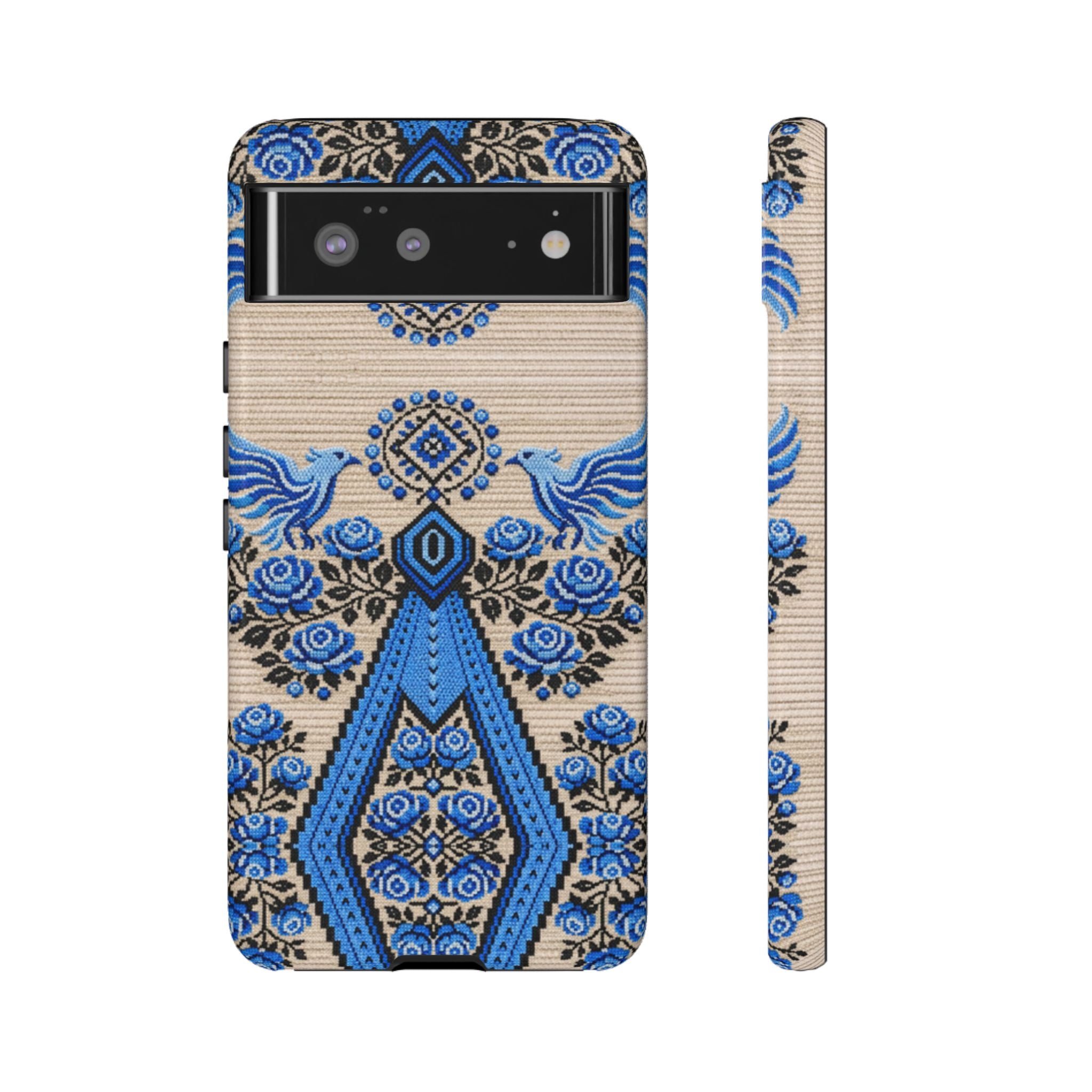 Ukrainian Phone Case  Blue Black Berehynia Design, Falcons & Roses Folk Art, Slavic Embroidery Style Protective Cover