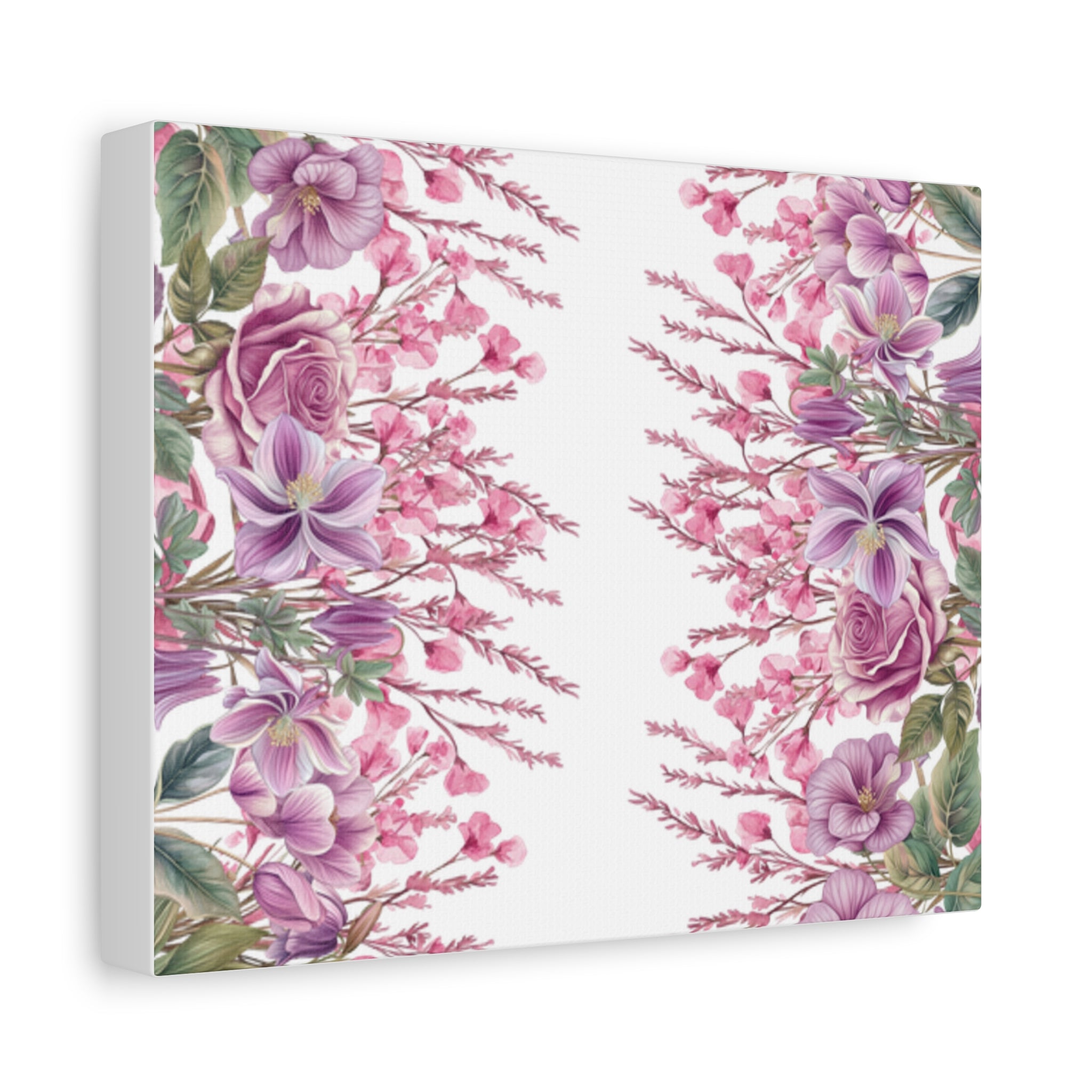 Floral Matte Canvas Wall Art, Pink Purple Botanical Print, Modern Symmetrical Flower Design, Stretched 1.25" Canvas Home Decor