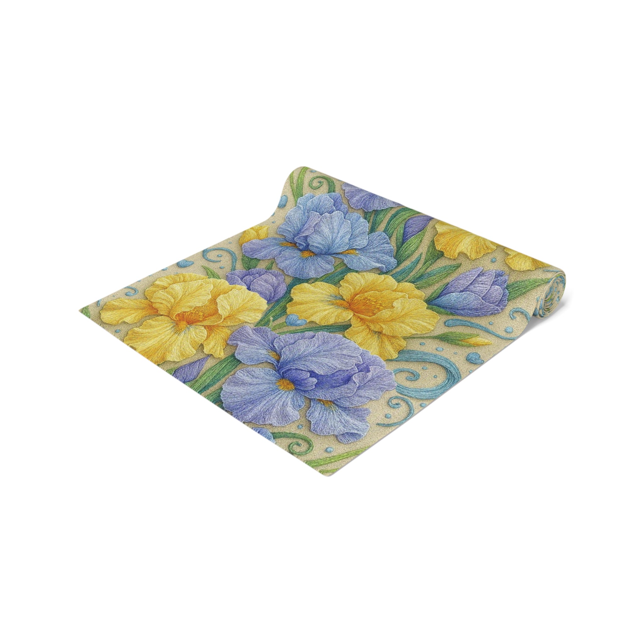 BLUESKYDEZIGN | Yellow and Lavender Iris Floral Table Runner | Spring Dining Decor | Modern Farmhouse | Cotton or Polyester Gift