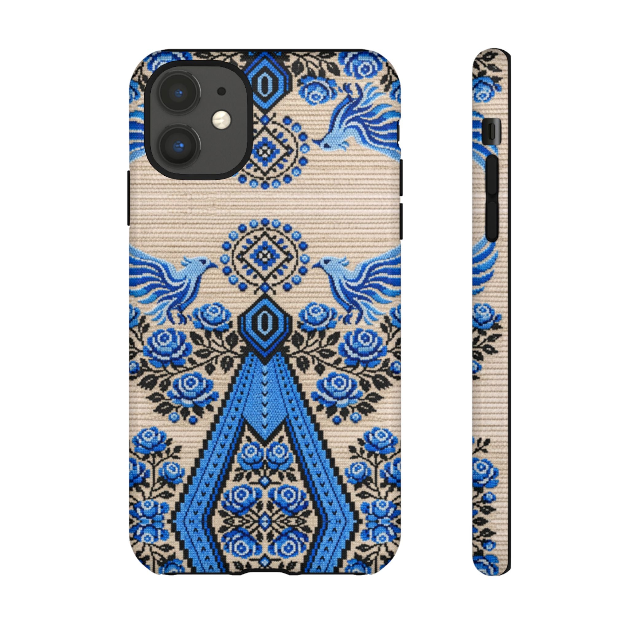 Ukrainian Phone Case  Blue Black Berehynia Design, Falcons & Roses Folk Art, Slavic Embroidery Style Protective Cover