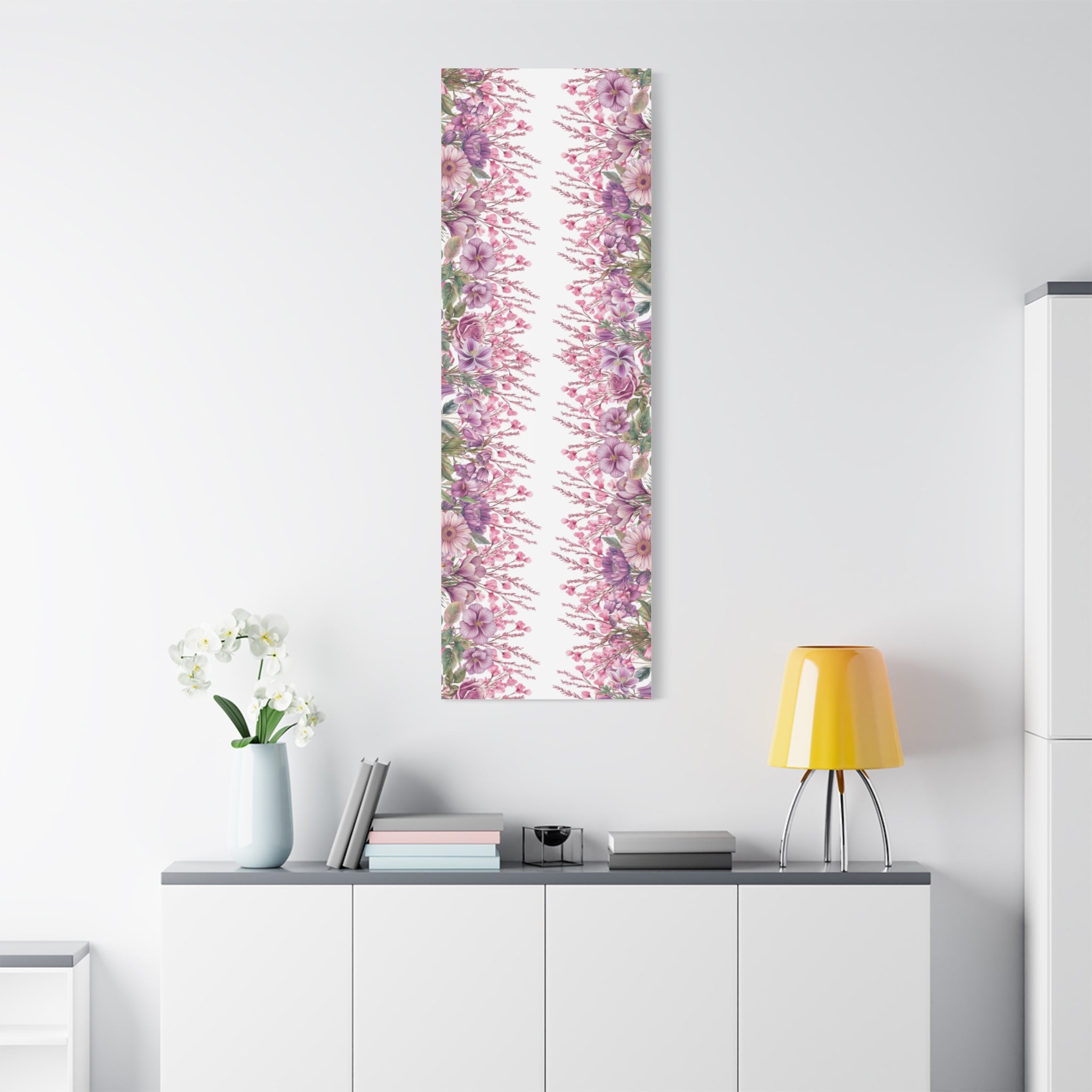 Floral Matte Canvas Wall Art, Pink Purple Botanical Print, Modern Symmetrical Flower Design, Stretched 1.25" Canvas Home Decor